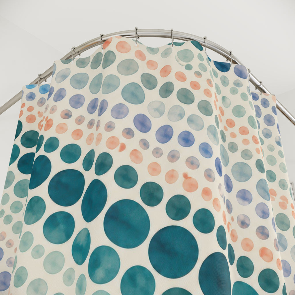 Teal watercolor polka dots in diagonal rows shower curtain with close-up print, hooks, and folds