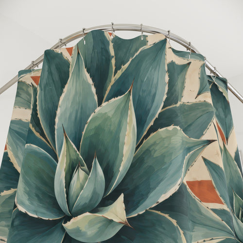 Blue green agave leaves in a geometric tile pattern shower curtain with close-up print, hooks, and folds