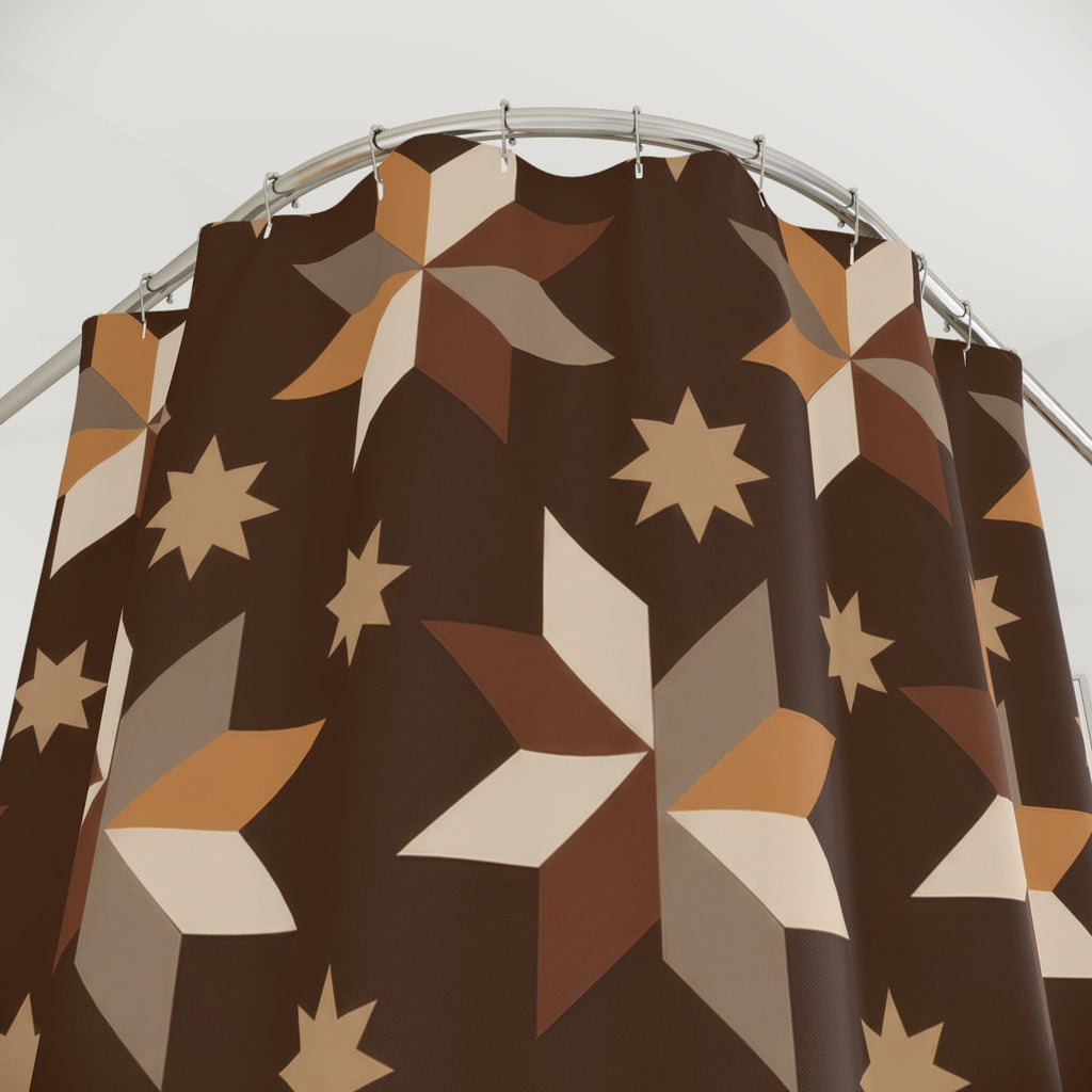 Caramel, taupe and cream folk stars on cocoa brown shower curtain with close-up print, hooks, and folds