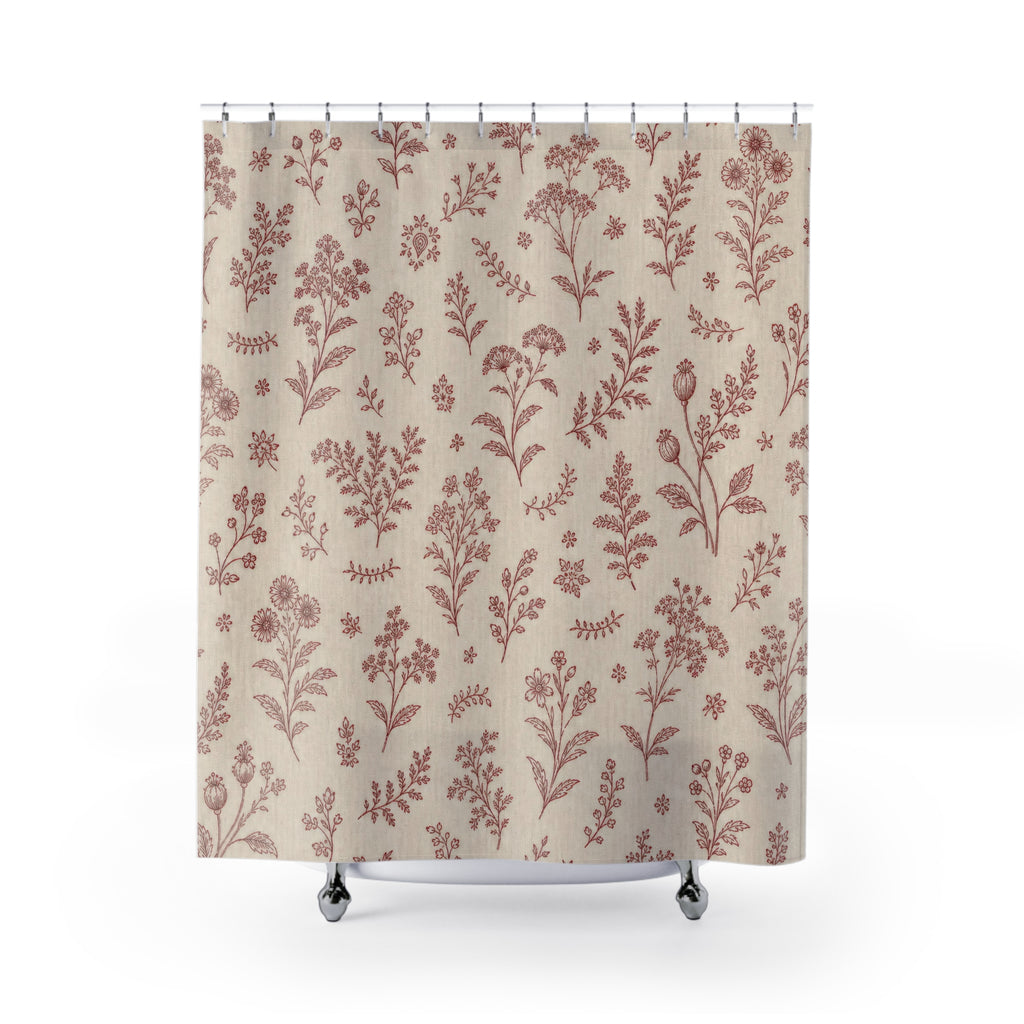 Vintage Farmhouse Red Floral Shower Curtain