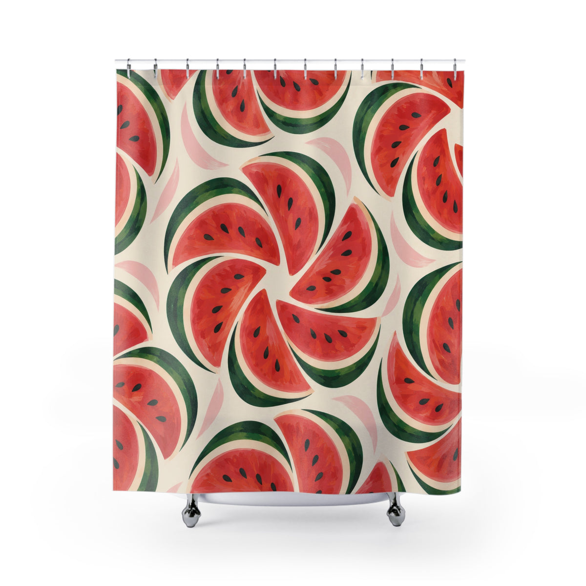 Coral-red watermelon pinwheels with green rinds on cream shower curtain with full front view