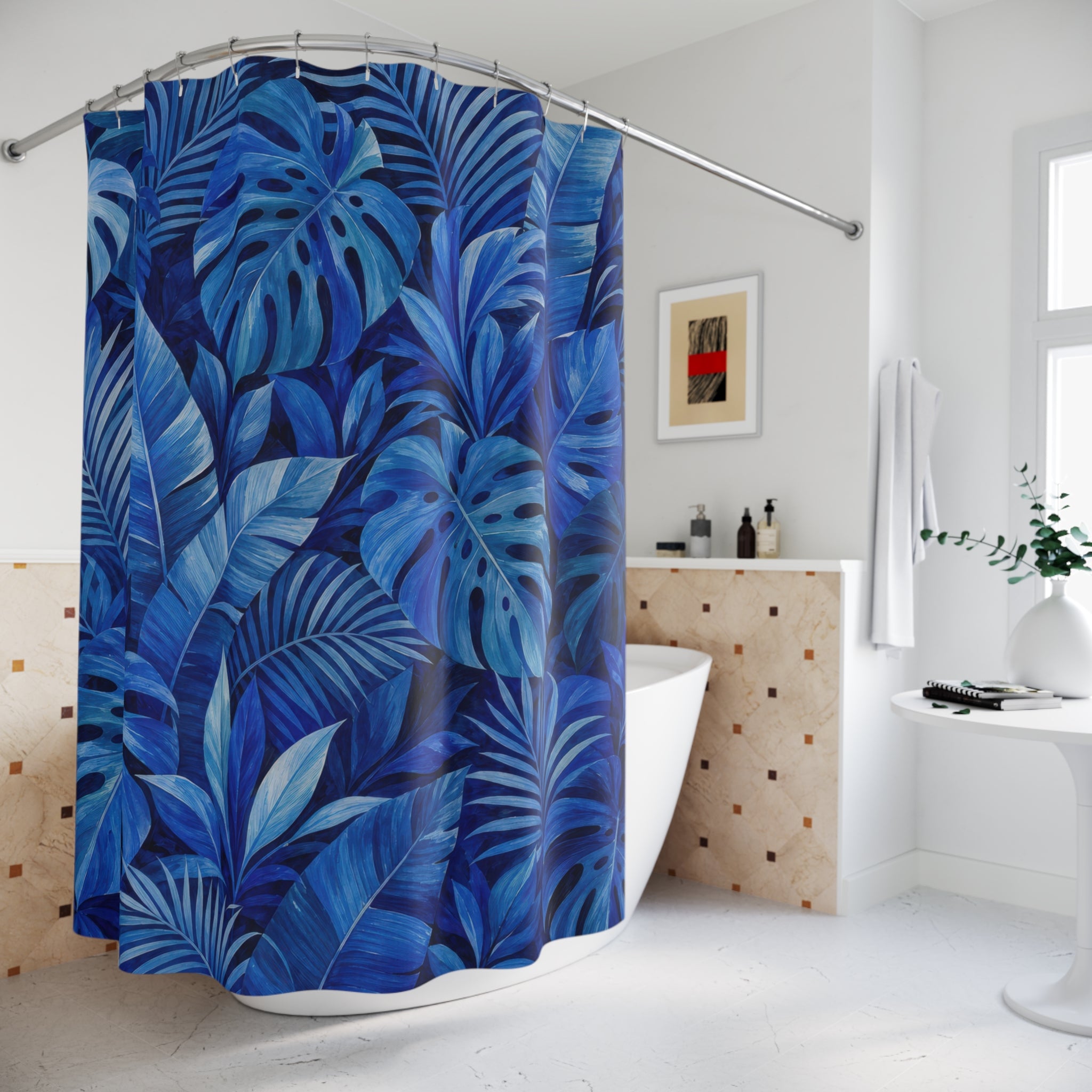 Blue Tropical Leaf Shower Curtain, Navy Blue Coastal Bathroom Decor, Tropical Leaf Bath Curtain, Guest Bath Decor, Small Bathroom Decor