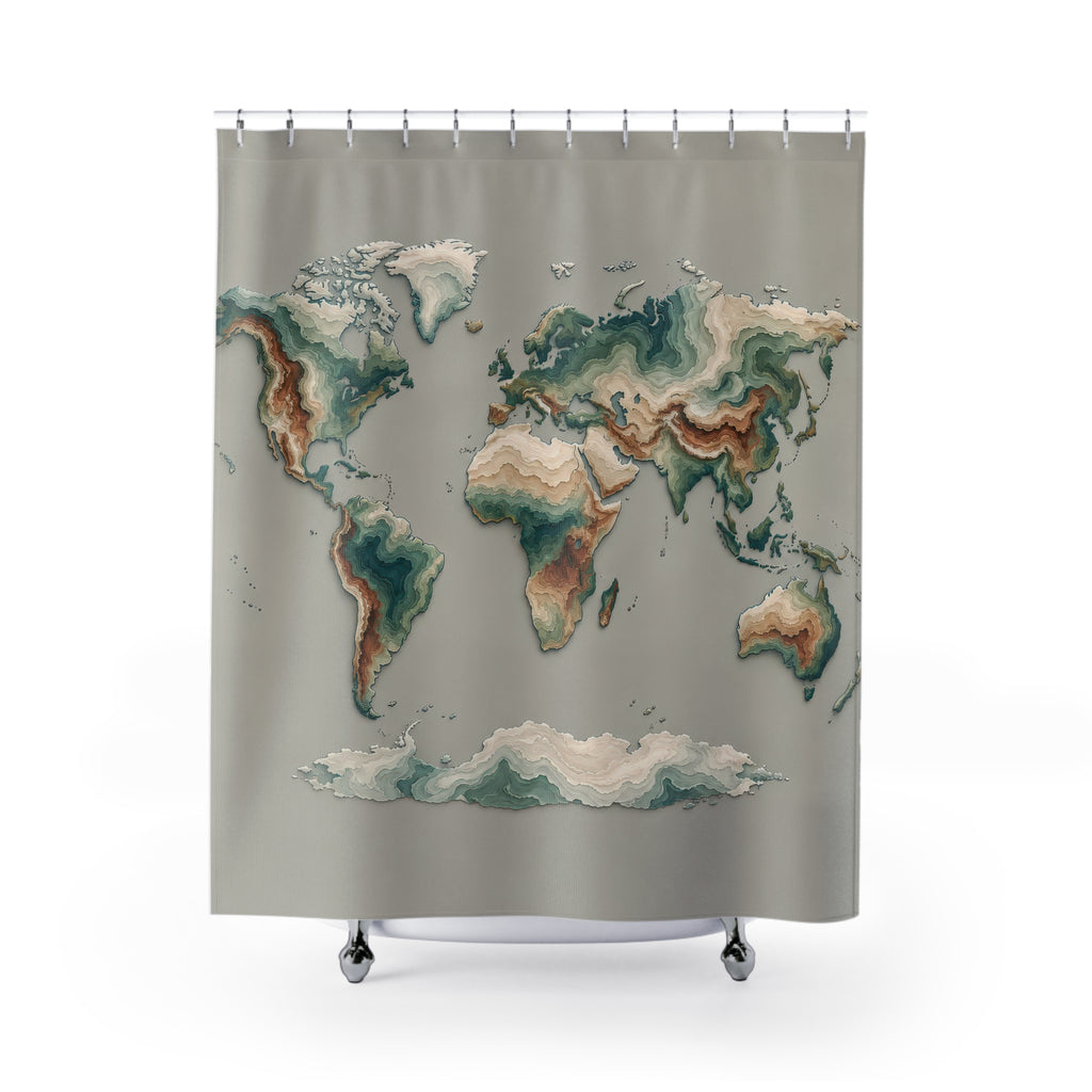 Teal and cream world map with shaded contour bands shower curtain with full front view