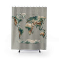 Teal and cream world map with shaded contour bands shower curtain with full front view