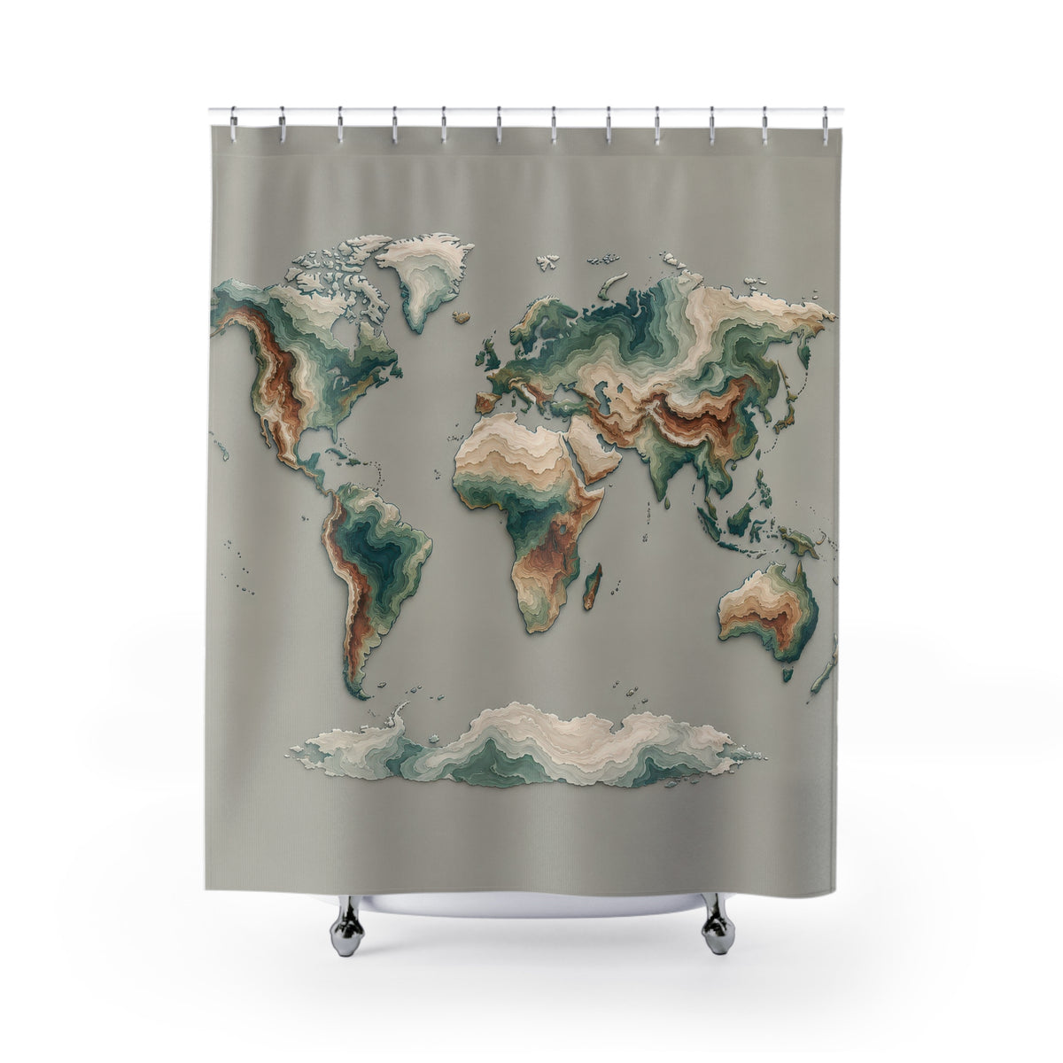 Teal and cream world map with shaded contour bands shower curtain with full front view