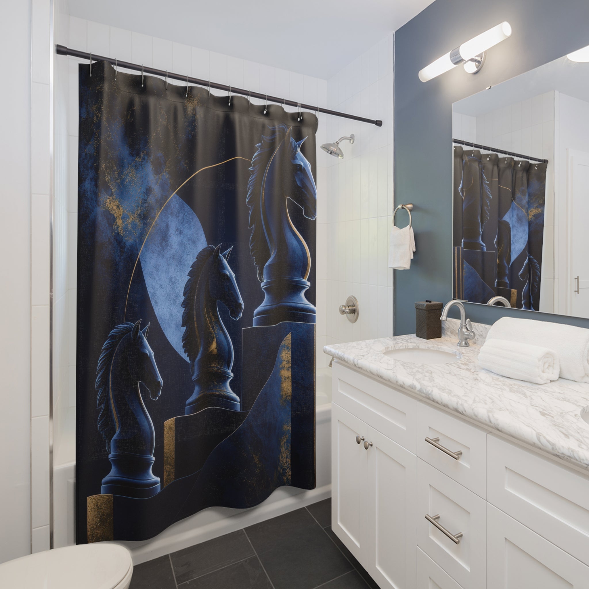 Chess Knight Navy Shower Curtain