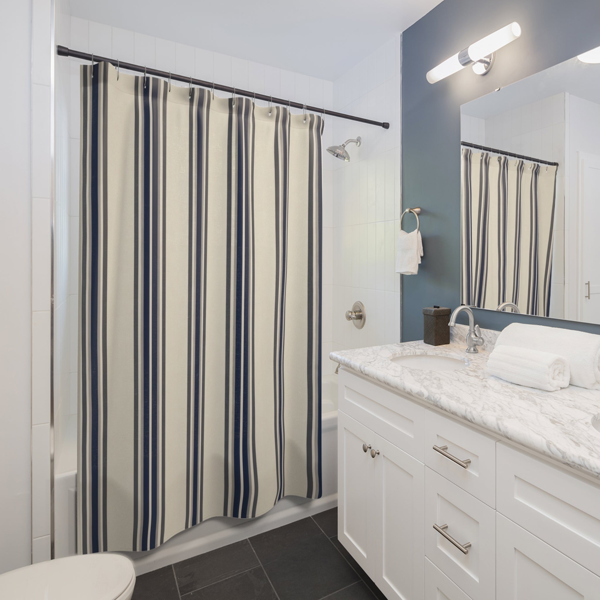 Deep Navy Ticking Stripe Shower Curtain