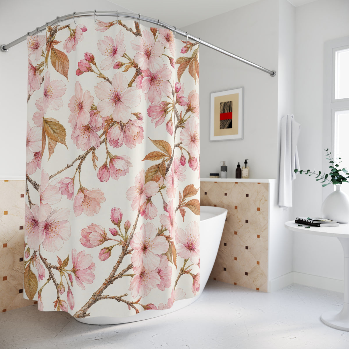 Pink Spring Flower Botanical cherry shower curtain beside a freestanding tub