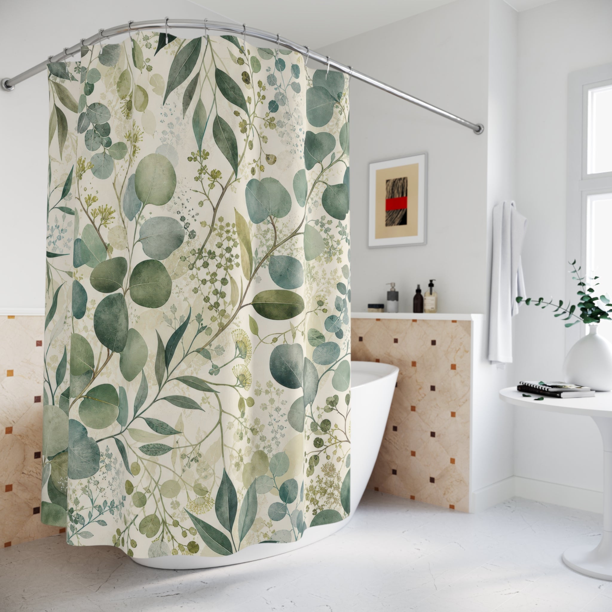 Sage Green Botanical Eucalyptus Floral Modern Shower Curtain