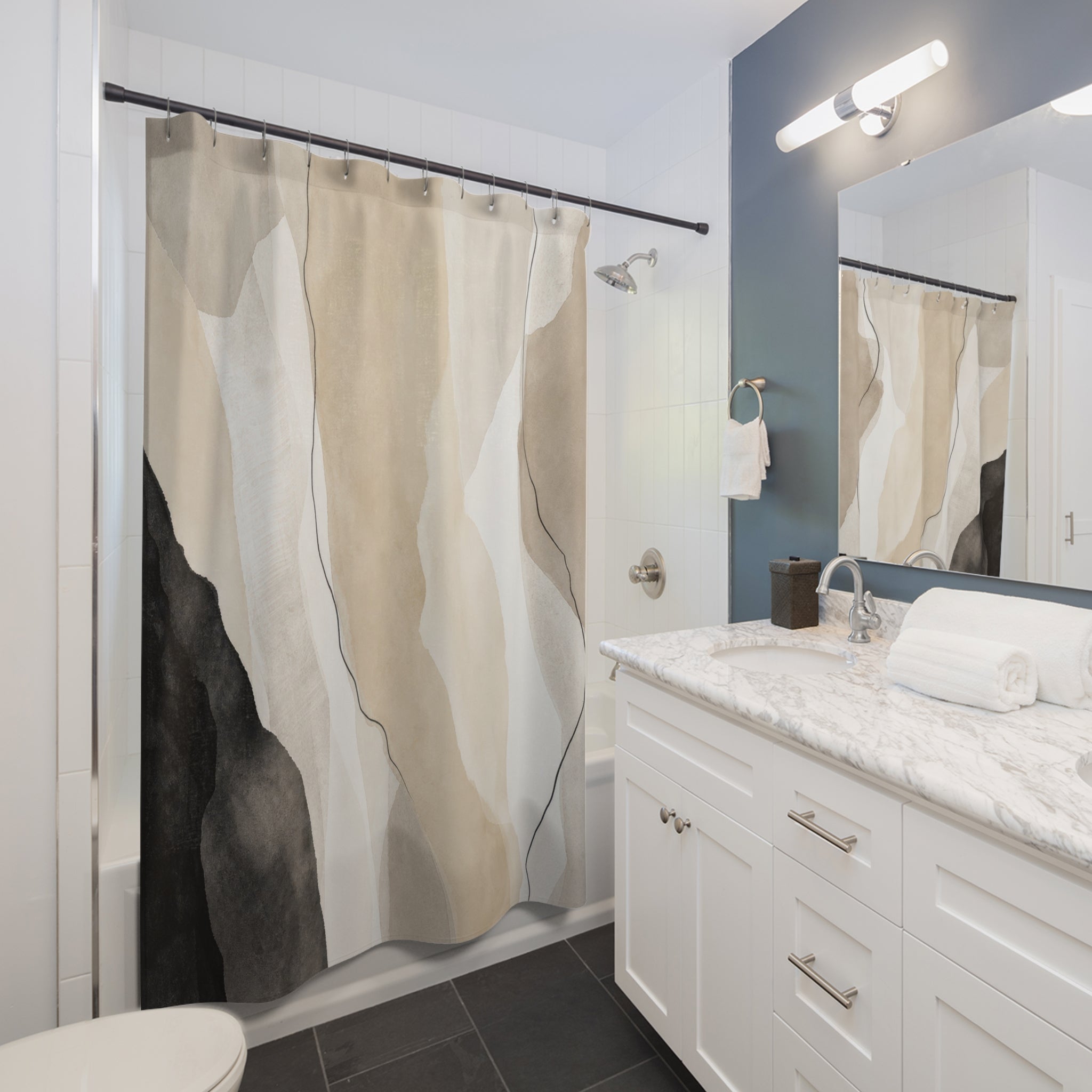 Black Beige Faceted Landscape Shower Curtain