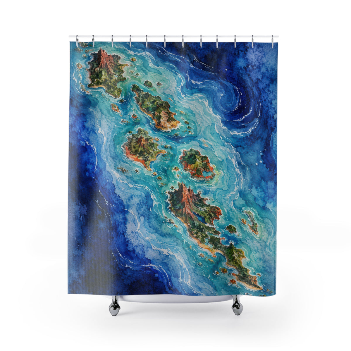 Blue archipelago watercolor map shower curtain with full front view