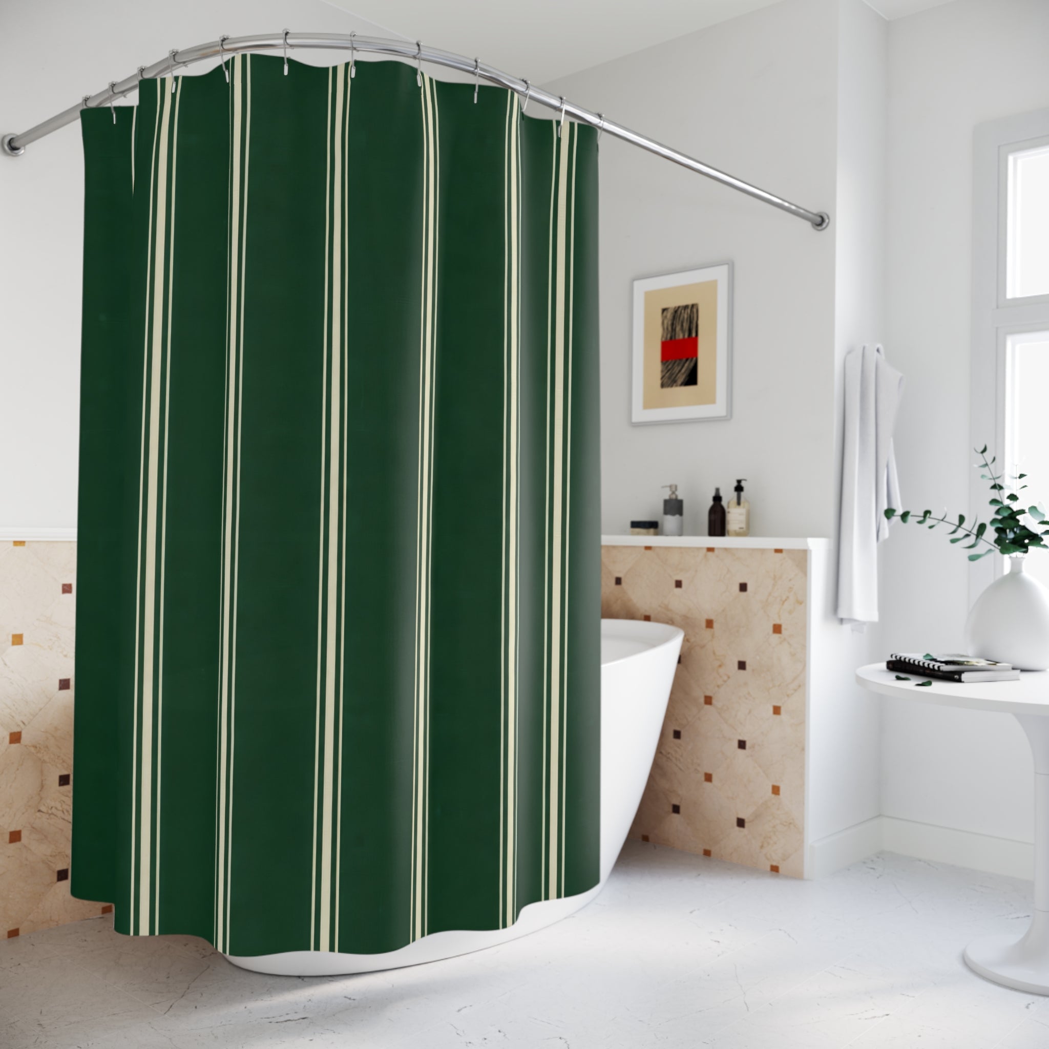 Forest Green Shower Curtain, Ticking Stripe Bath Decor, Dark Farmhouse Pinstripe Pattern, Guest Bathroom Style, Classic Green Stripe Style