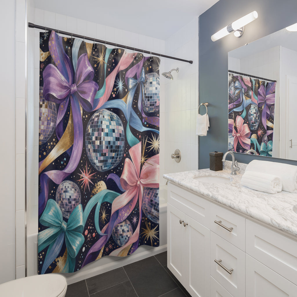Midnight Navy Disco Ball and Bow Shower Curtain
