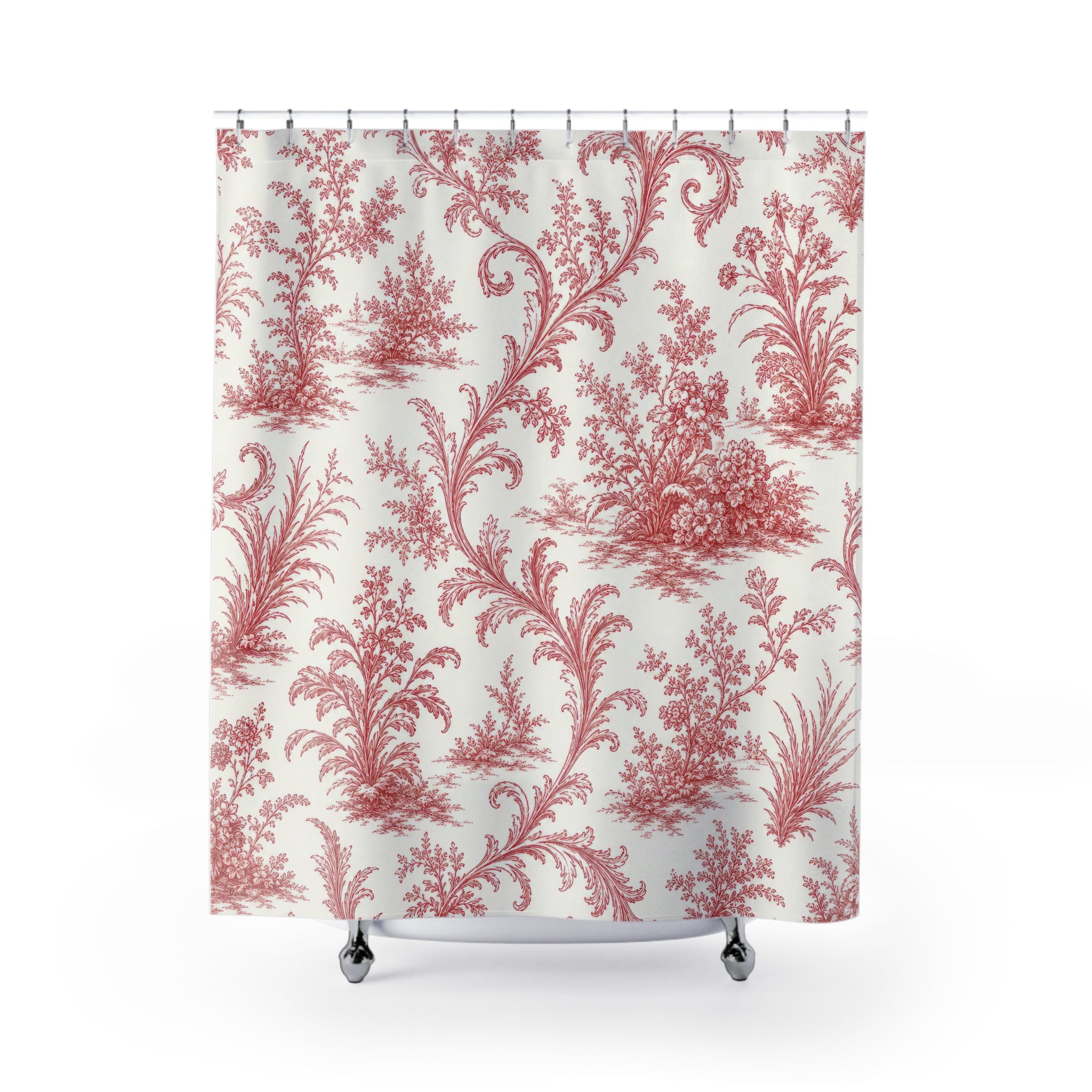 Red White Botanical Toile Shower Curtain