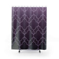 Pale quatrefoil tracery over a lavender to plum ombre shower curtain with full front view
