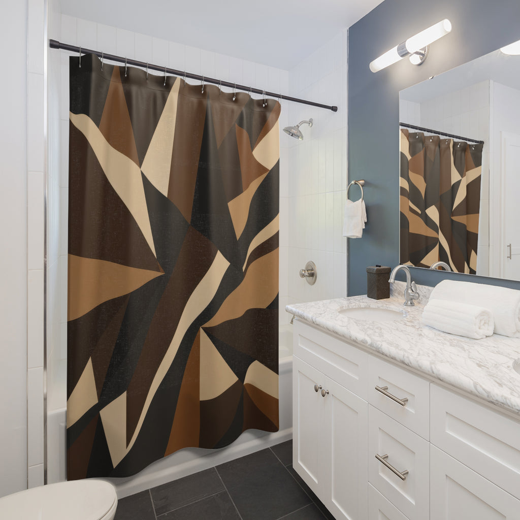 Black Geometric Shower Curtain, Brown Tan Abstract Bath Decor, Sharp Triangle Pattern, Modern Architectural Guest Bathroom Decor Style