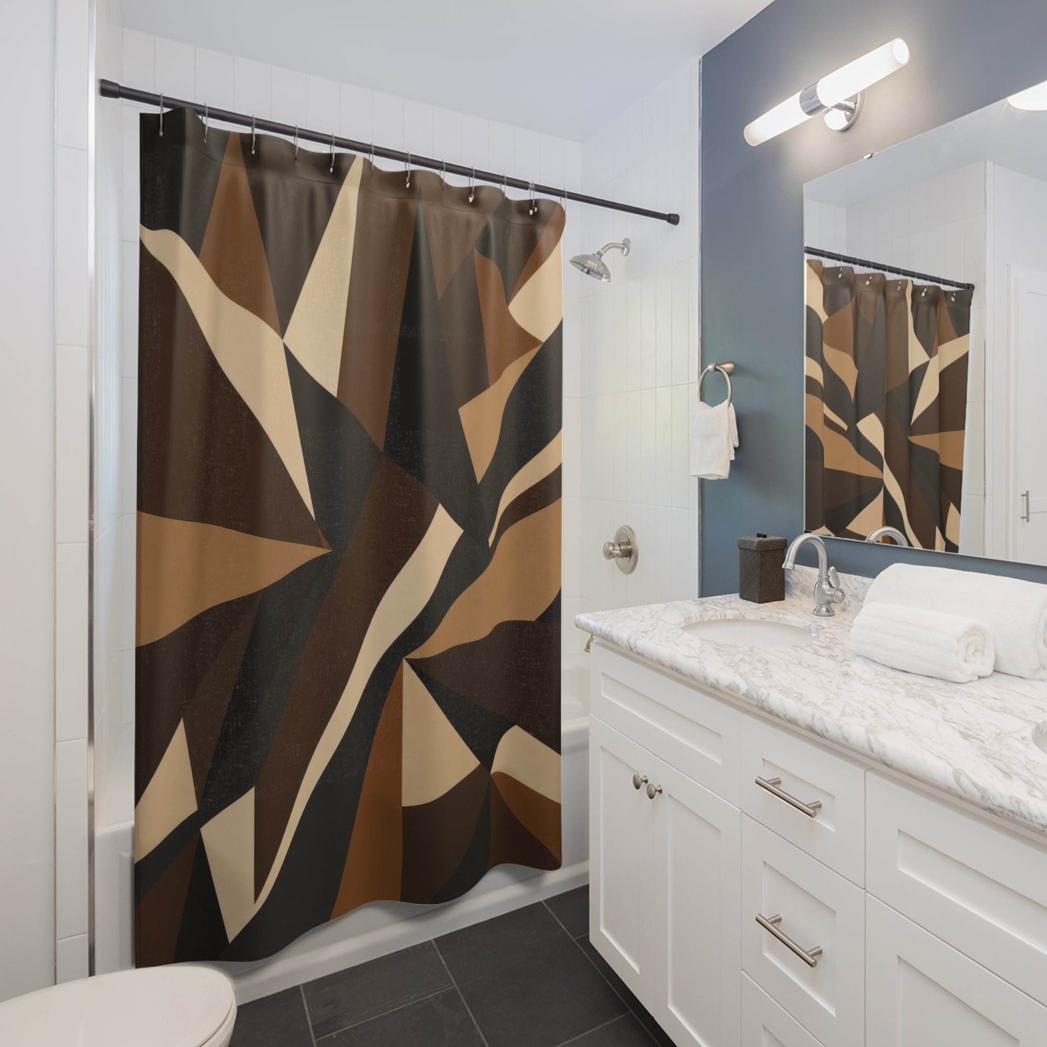 Black Geometric Shower Curtain, Brown Tan Abstract Bath Decor, Sharp Triangle Pattern, Modern Architectural Guest Bathroom Decor Style