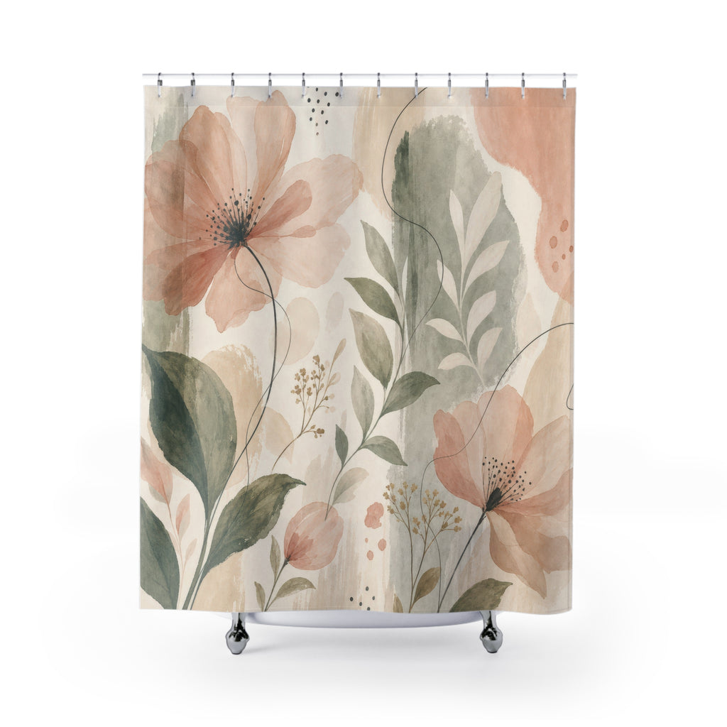 Peach Aesthetic Watercolor Floral Shower Curtain