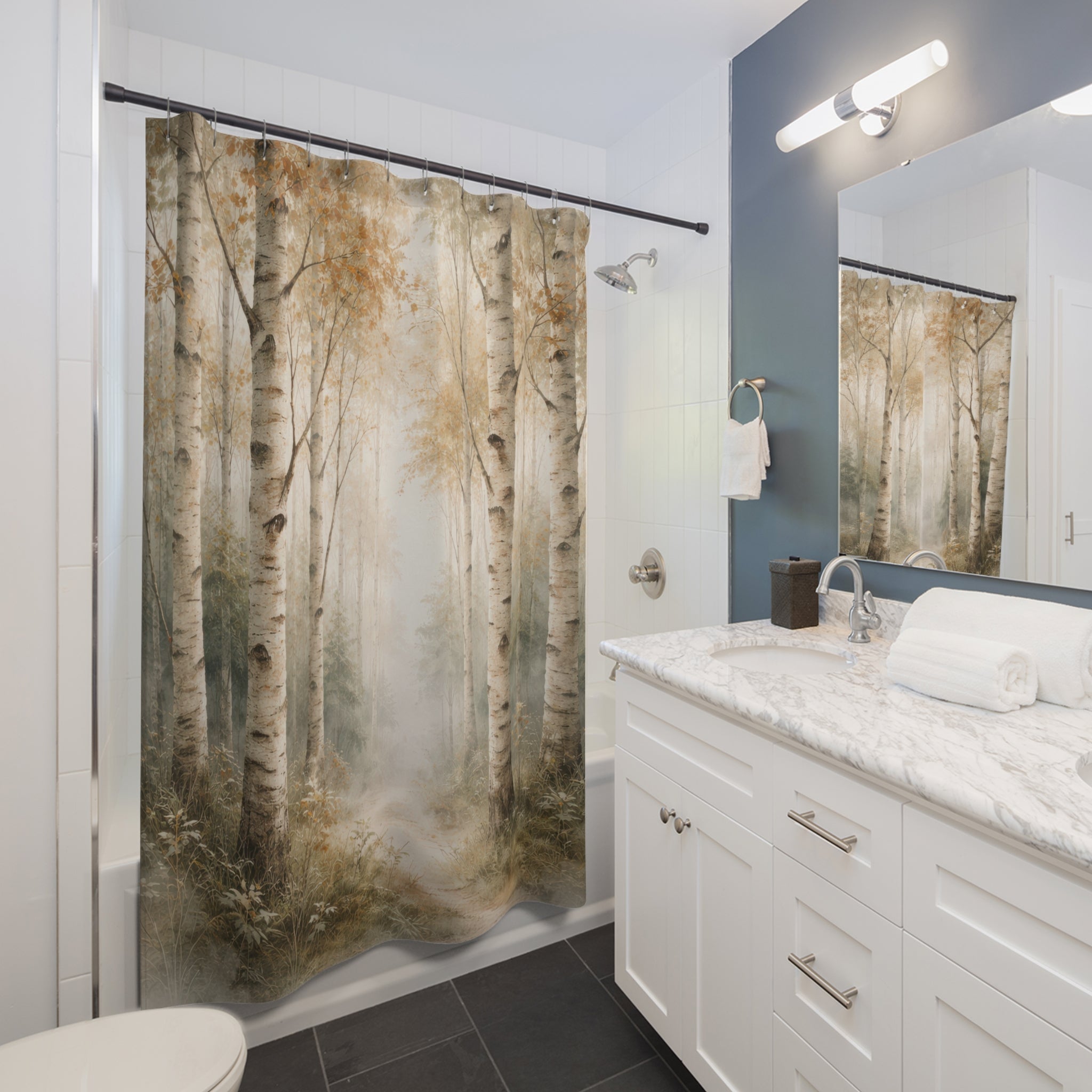 Birch Forest Shower Curtain – Beige and Sage