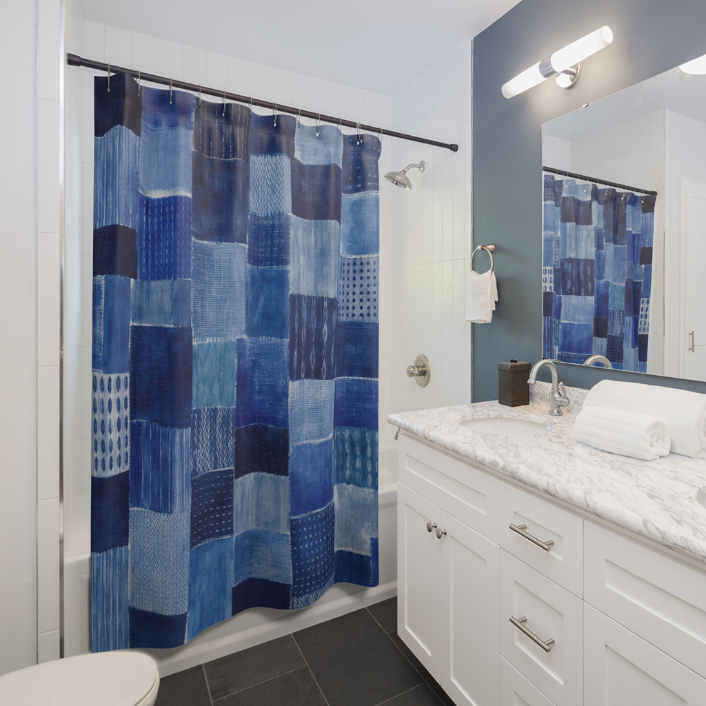 Blue Patchwork Shower Curtain, Denim Blue Modern Bathroom Decor, Patchwork Pattern Bath Curtain, Guest Bath Decor, Small Bathroom Decor