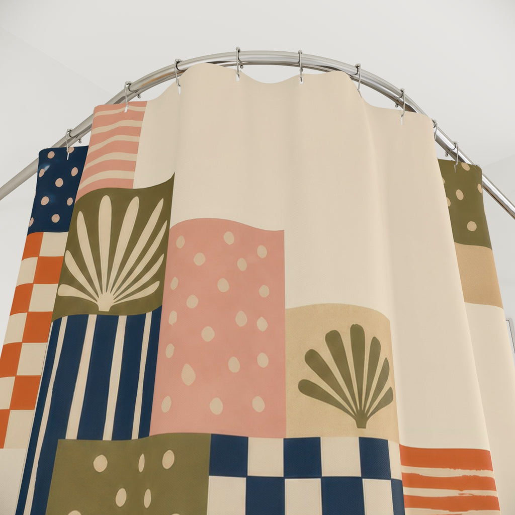 Indigo stepped patchwork panels shower curtain with close-up print, hooks, and folds