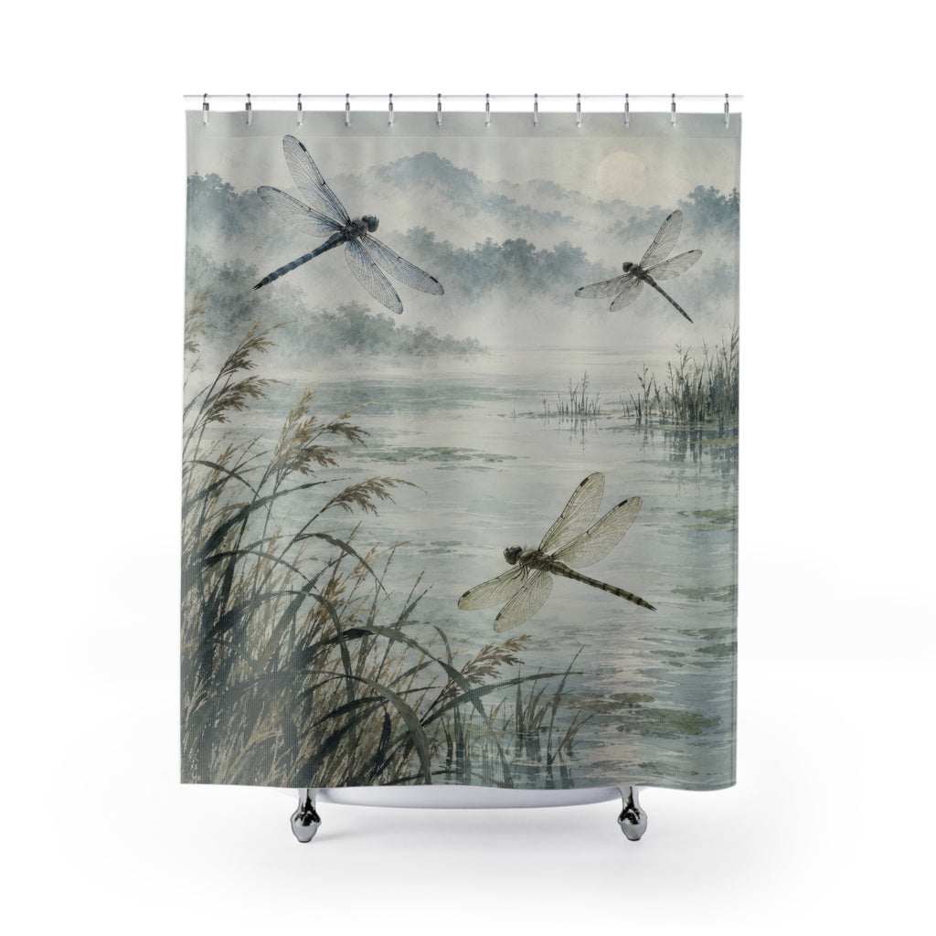 Blue-grey pond and hovering dragonflies shower curtain with full front view