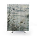 Blue-grey pond and hovering dragonflies shower curtain with full front view