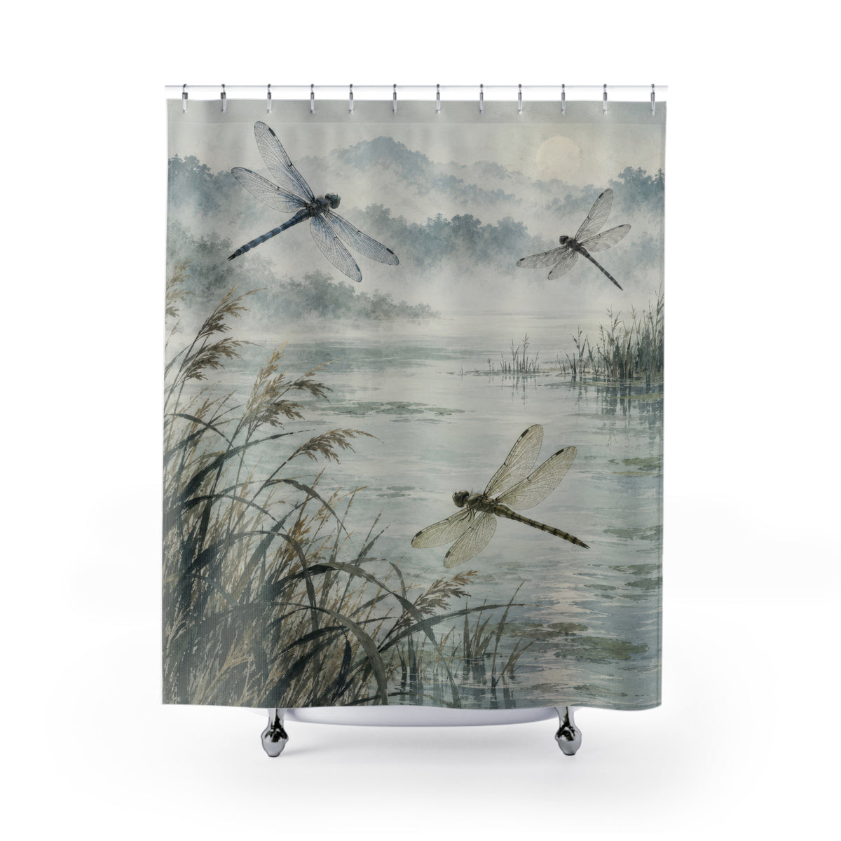 Blue-grey pond and hovering dragonflies shower curtain with full front view
