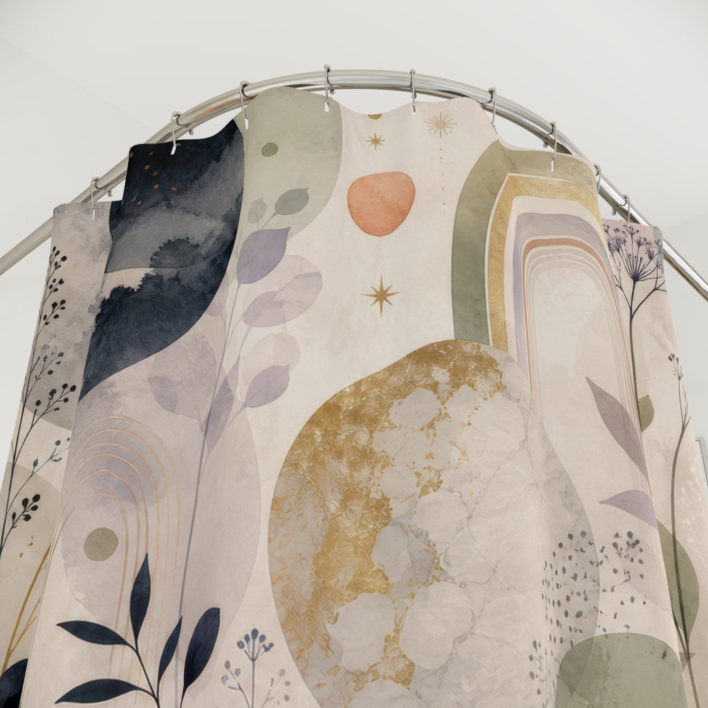 Soft Celestial Abstract Shower Curtain, Neutral Moon Bathroom Decor, Pastel Botanical Bath Curtain, Guest Bathroom Decor, Soft Bath Decor