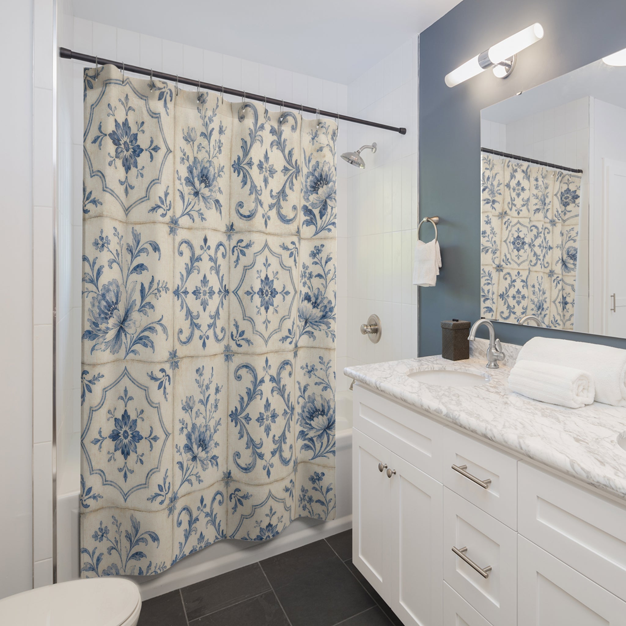 Blue White Floral Tile Shower Curtain