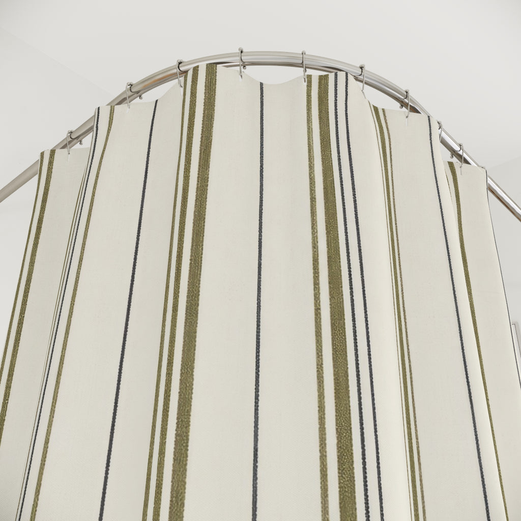 Olive Green Ticking Stripe Cream Cottage Striped Shower Curtain