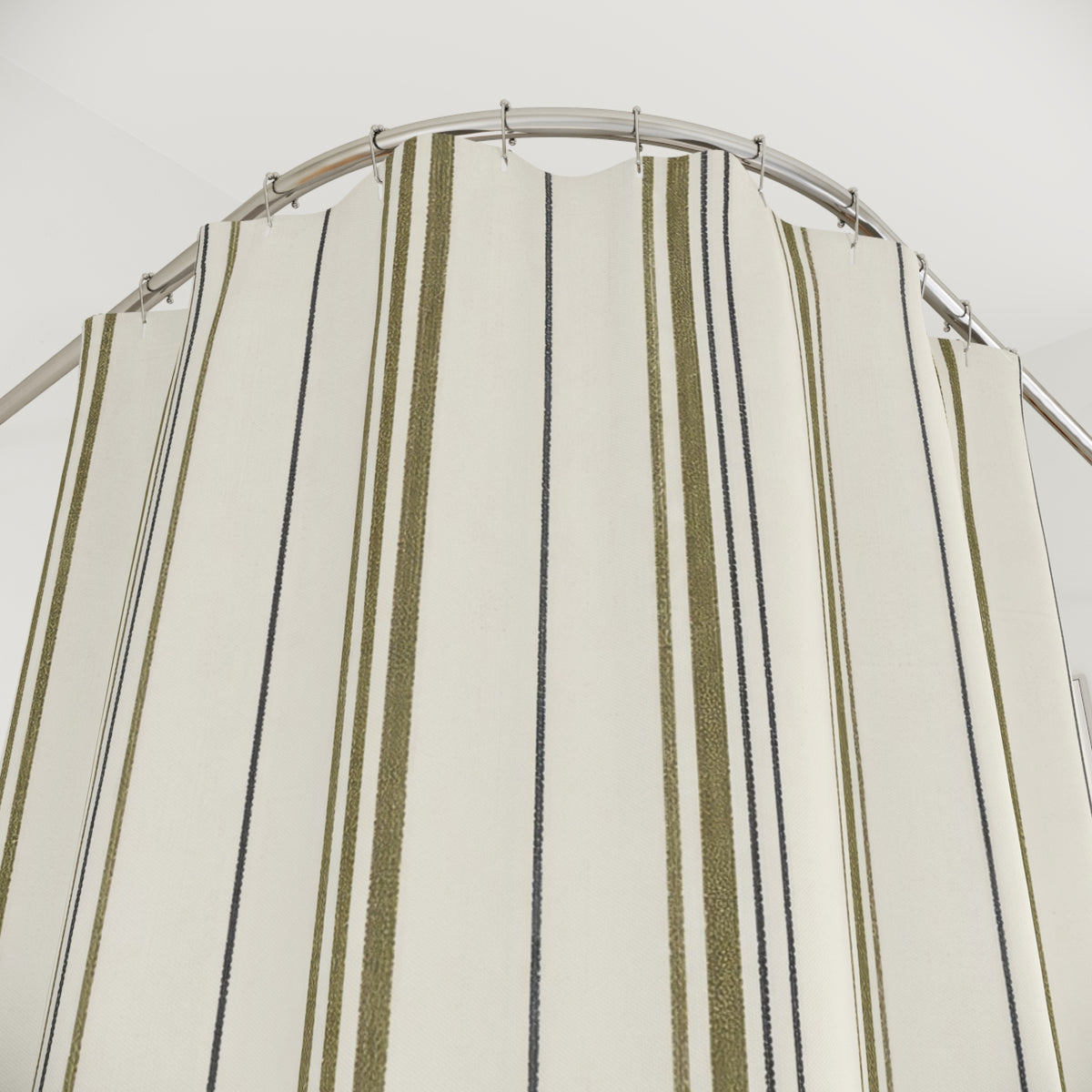 Olive Green Ticking Stripe Cream Cottage Striped Shower Curtain