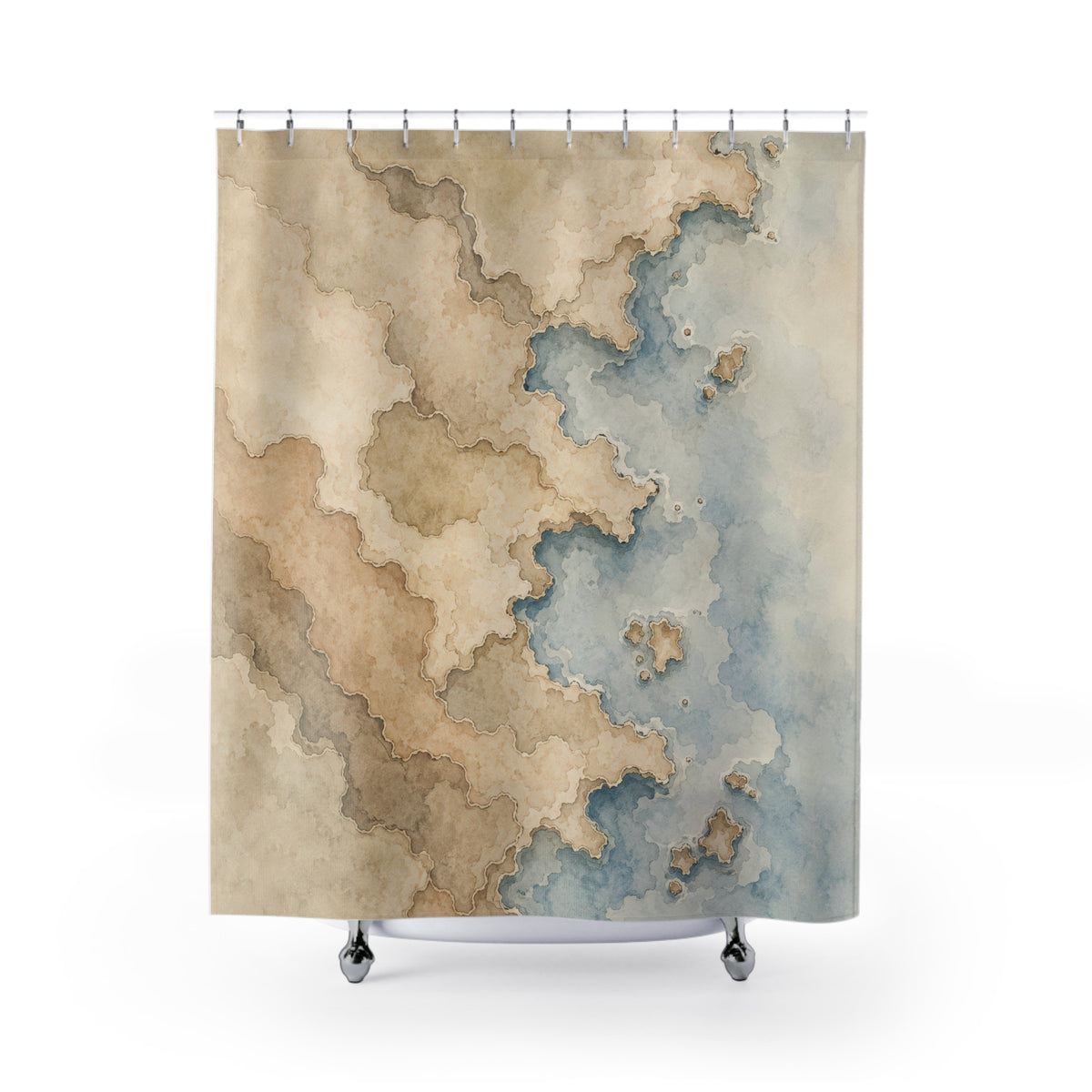 Beige coastline watercolor map shower curtain with full front view