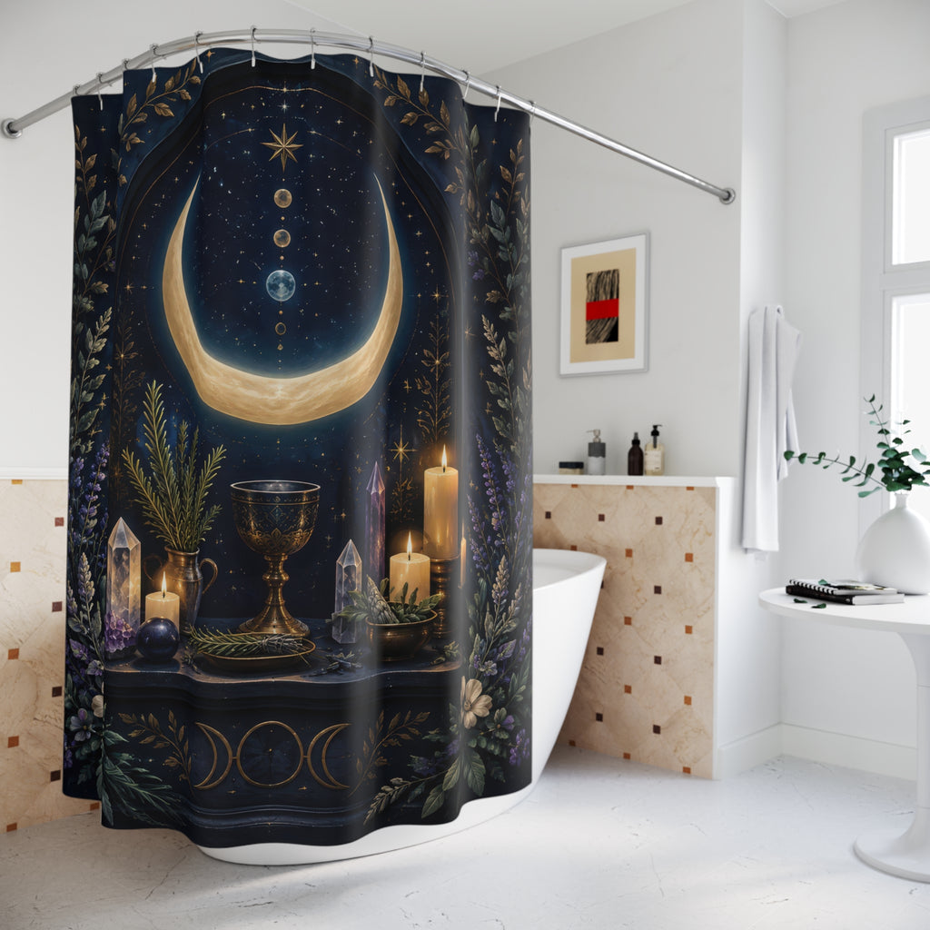 Wiccan crescent moon altar with chalice candles and crystals shower curtain beside a freestanding tub