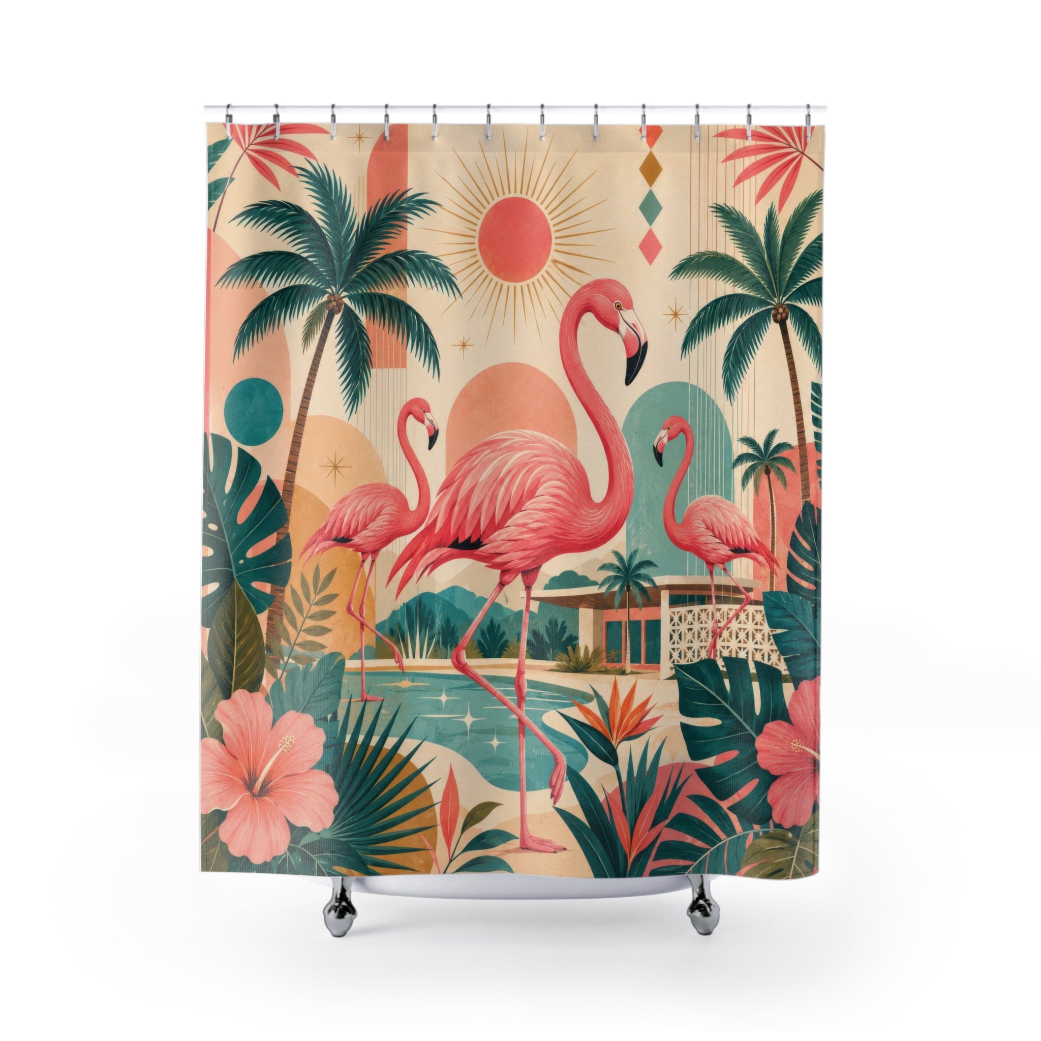 Retro Flamingo Shower Curtain: Pink Tropical Palm