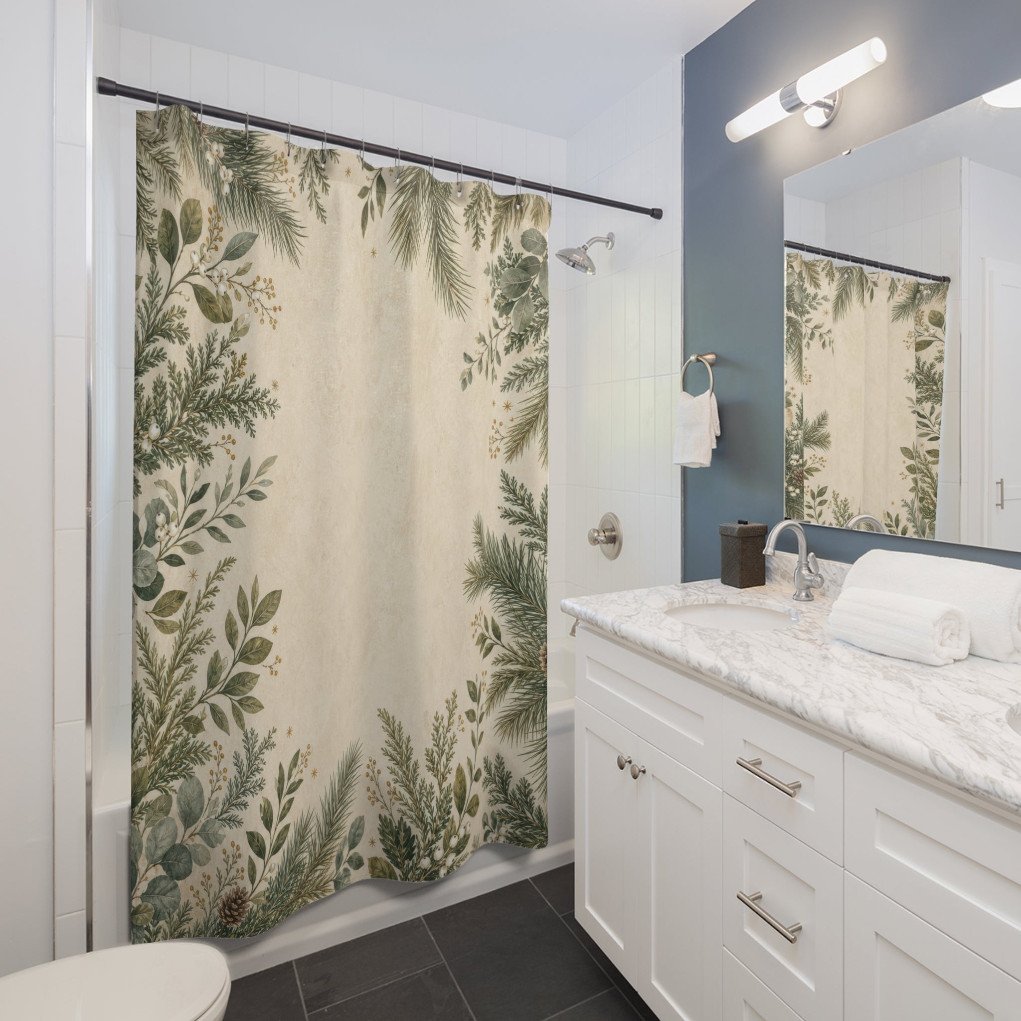 Winter Farmhouse Green Botanical Shower Curtain