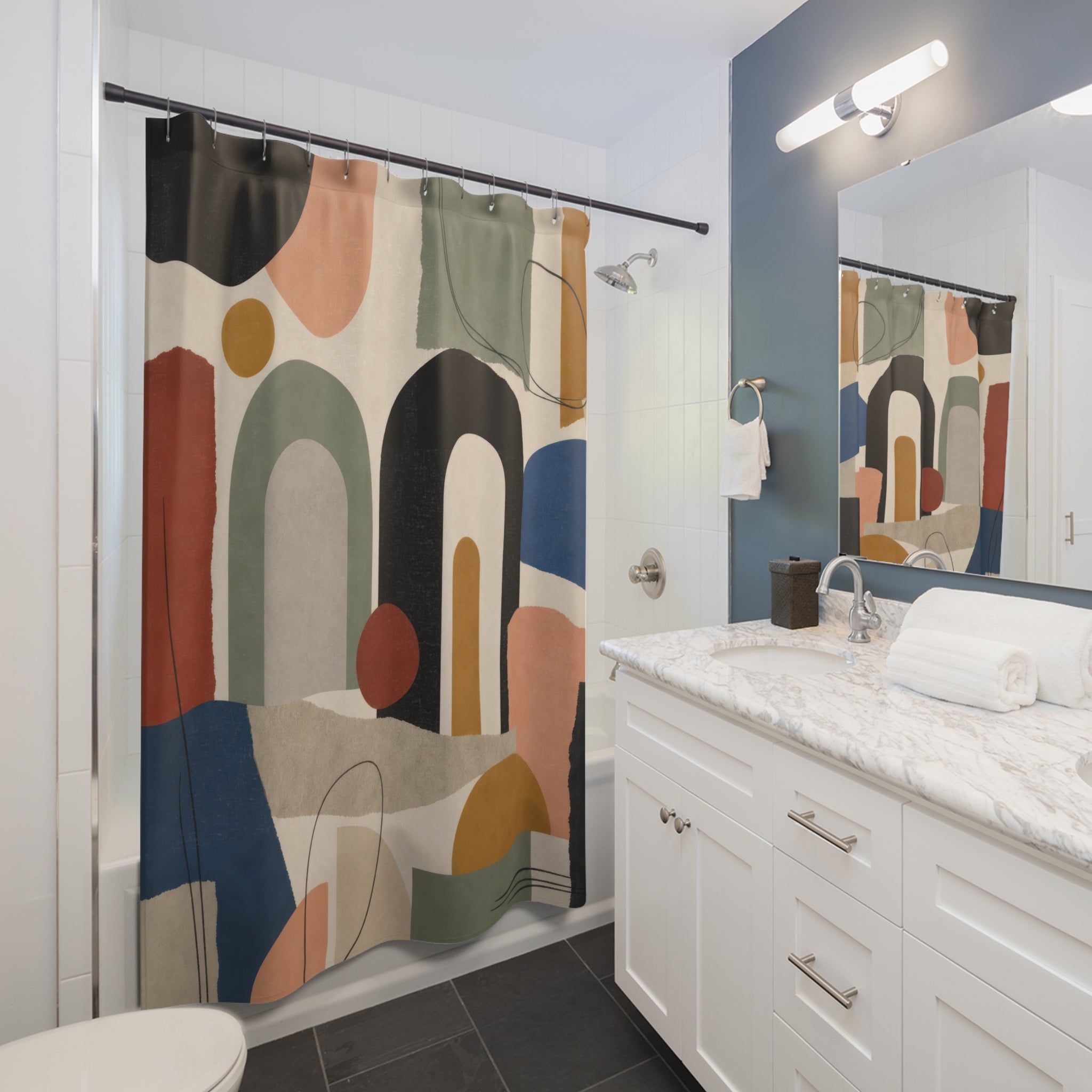 Modern Geometric Shower Curtain, Colorful Arch Landscape, Blue Green Terracotta Abstract Bathroom Decor, Playful Retro Bath Style, Bold