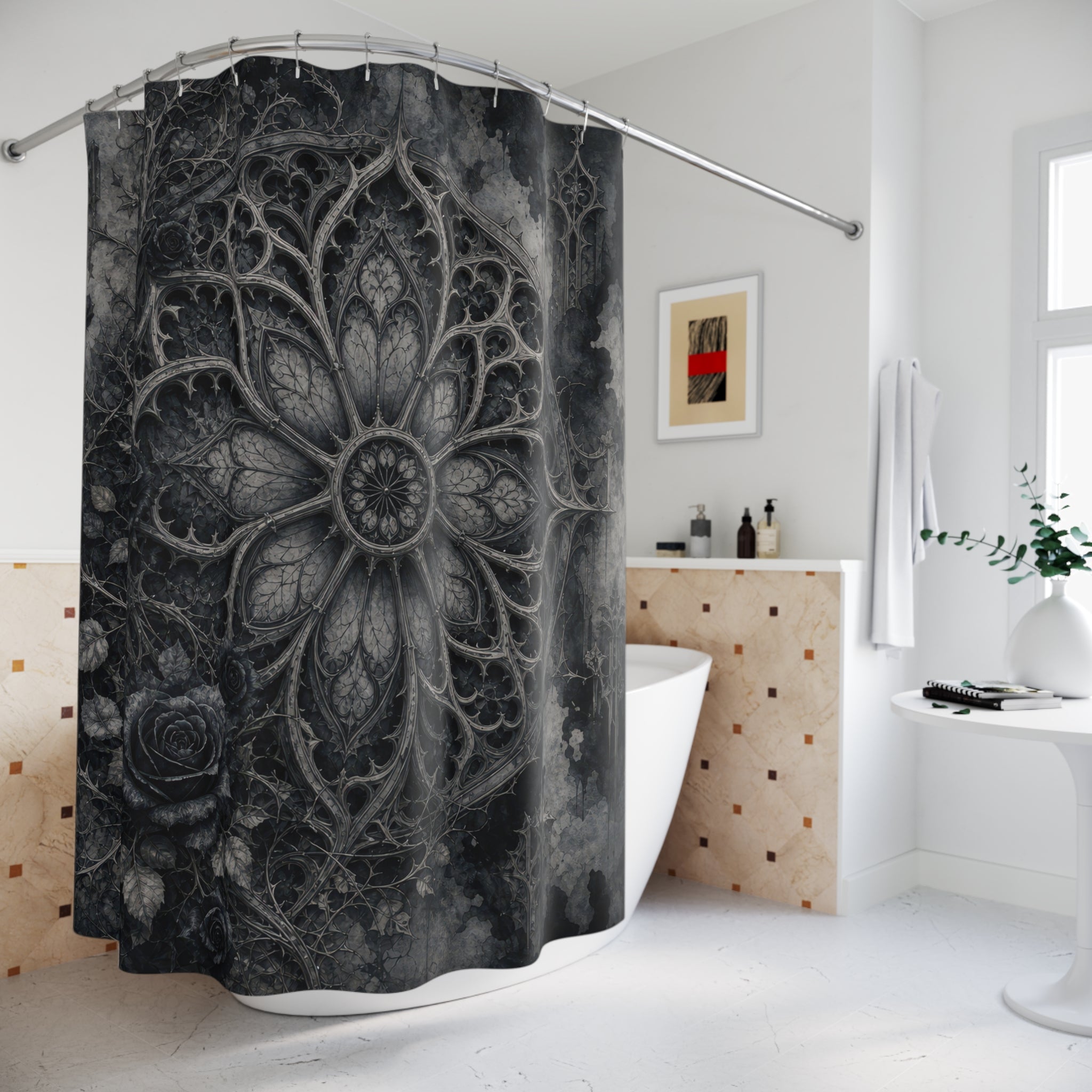 Grey Gothic Rose Window Shower Curtain