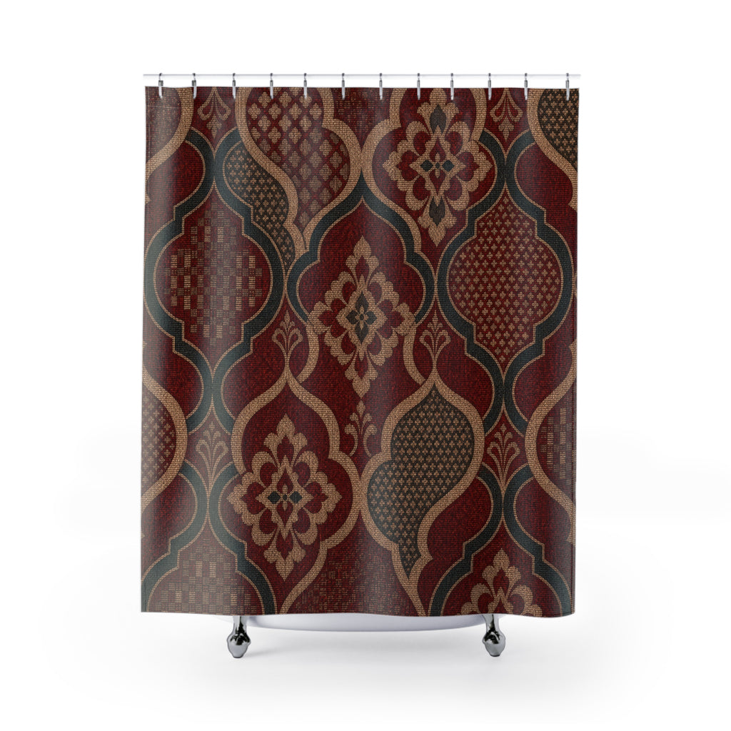 Teal Geometric Burgundy Damask Shower Curtain