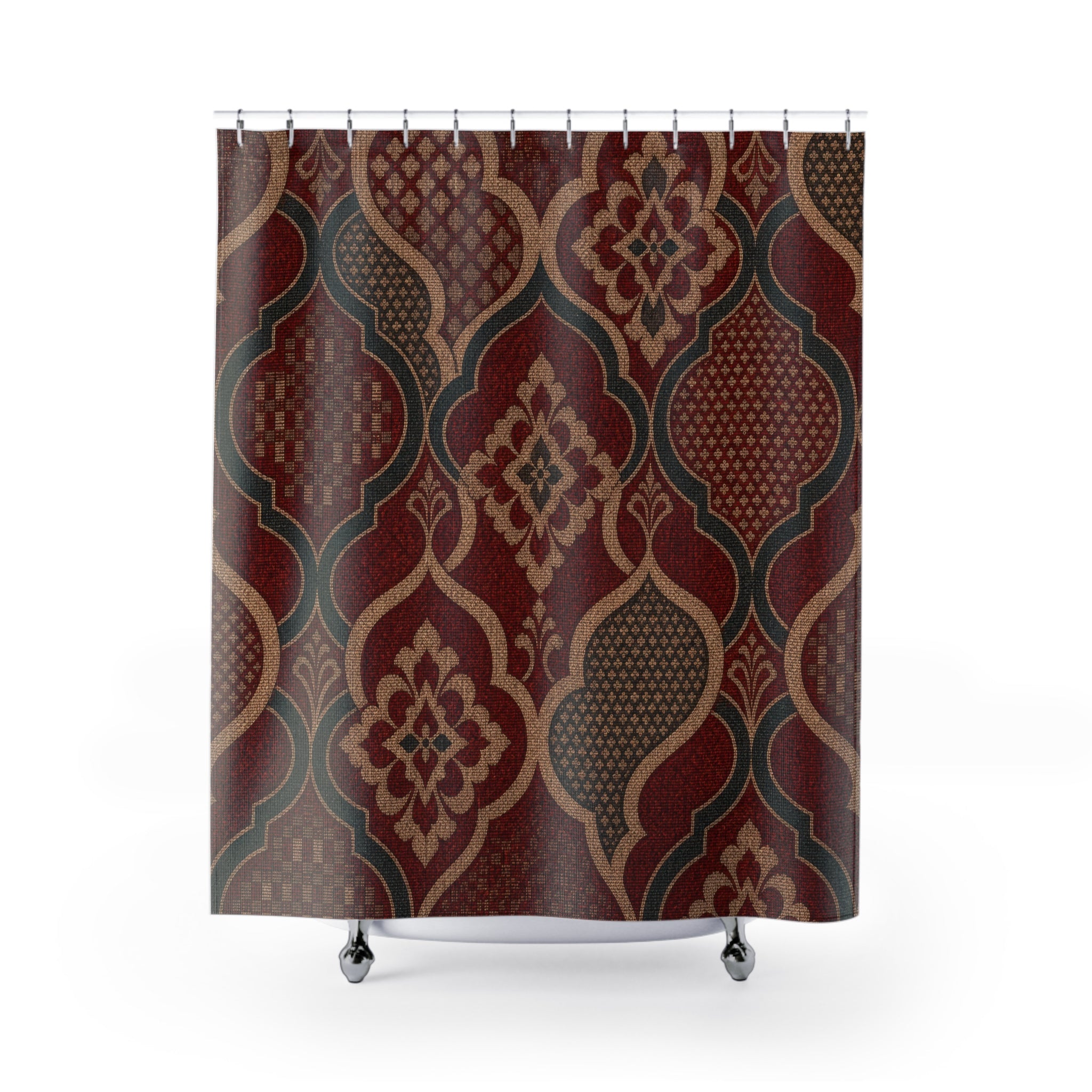 Teal Geometric Burgundy Damask Shower Curtain