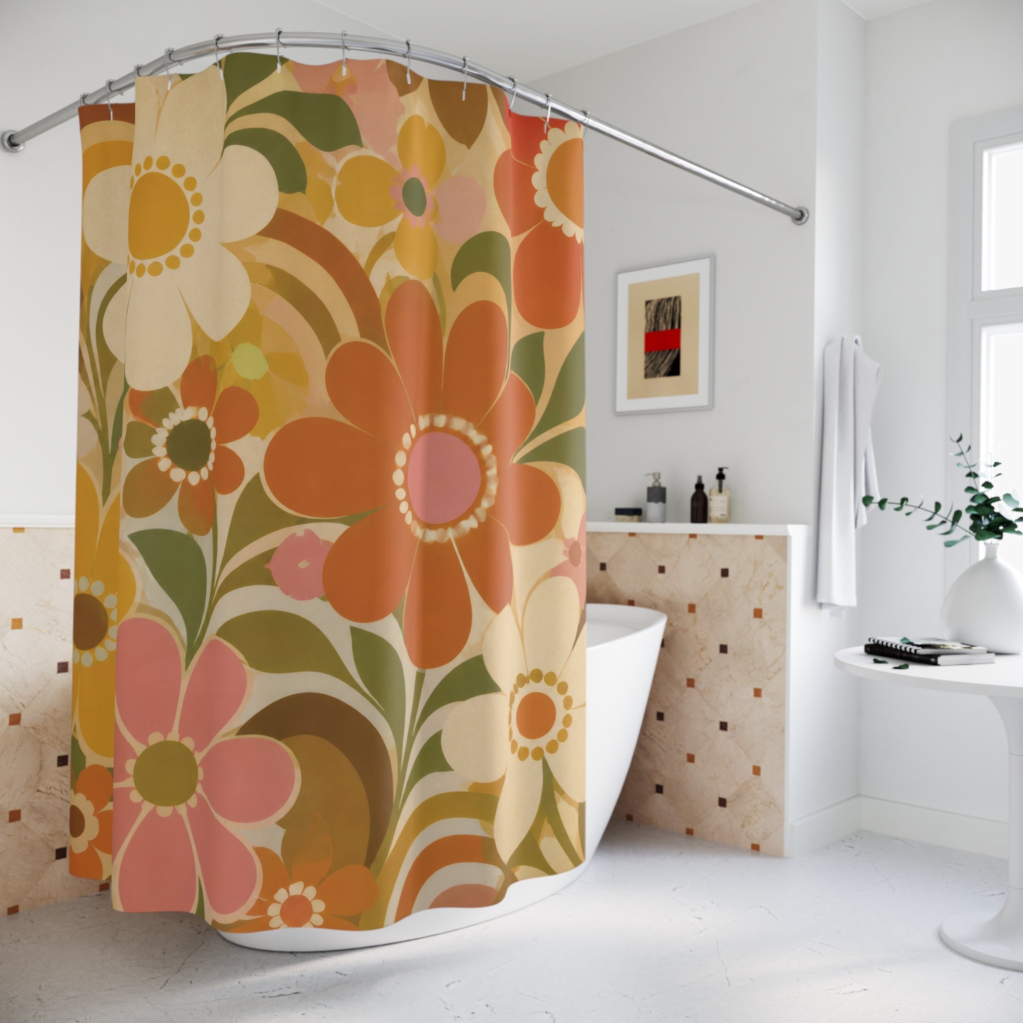 Retro Floral Shower Curtain: Orange Yellow Green Daisy Pattern