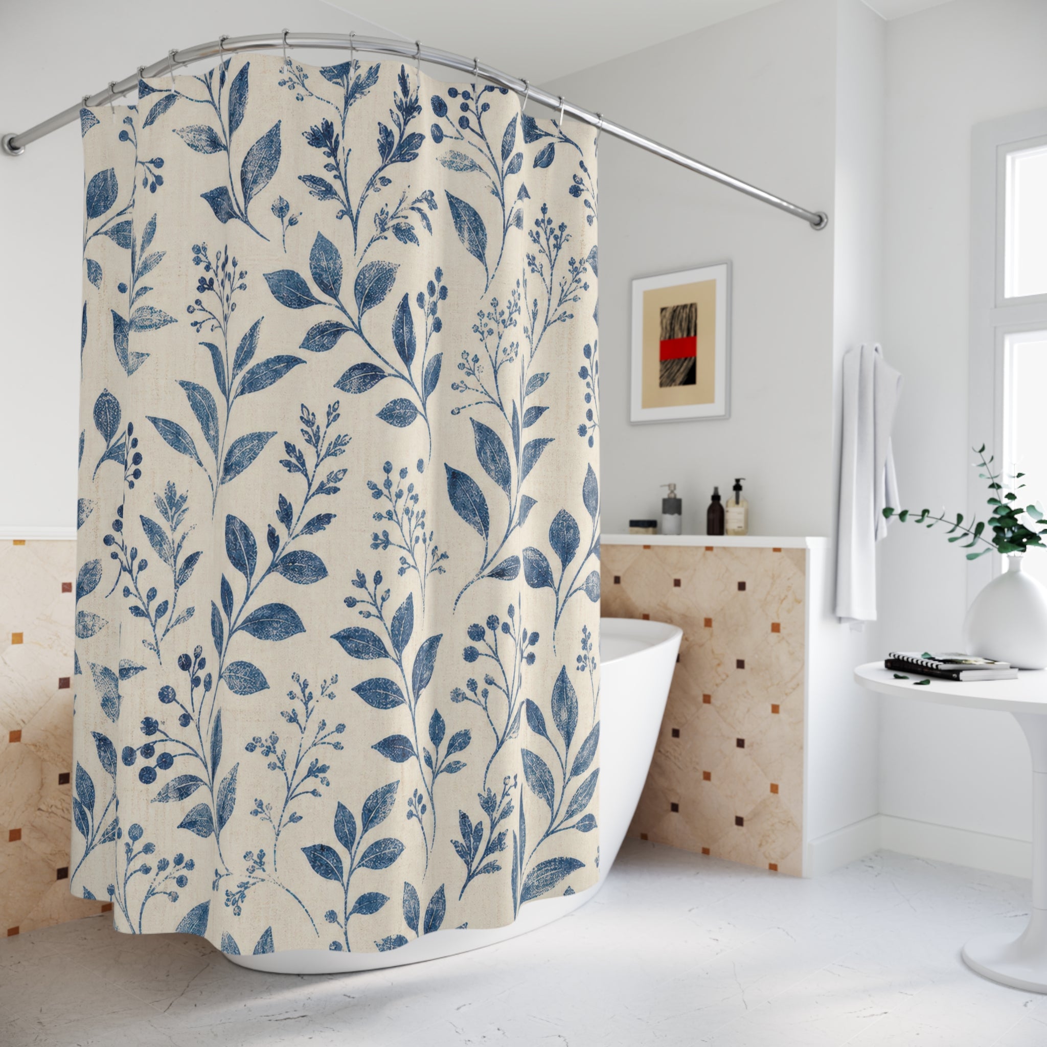 Navy Botanical Leaf Shower Curtain