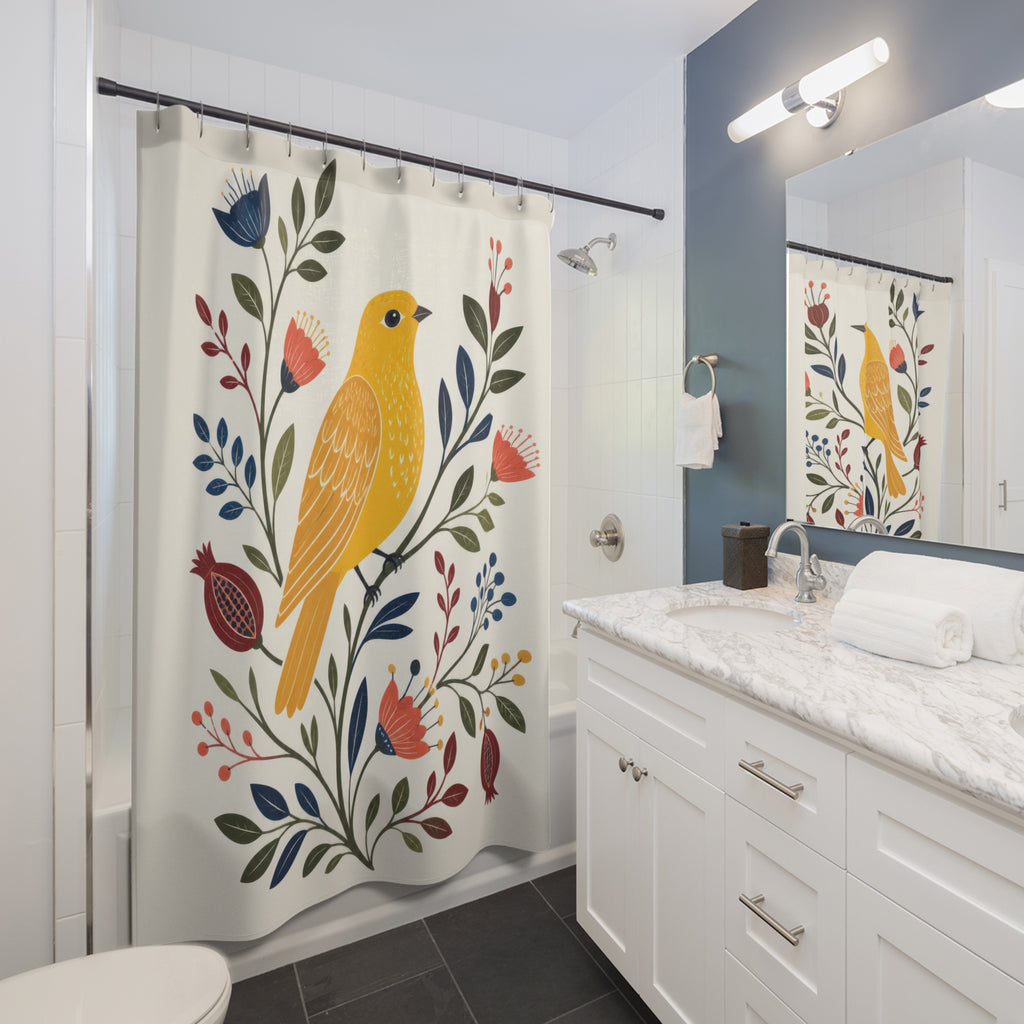 Golden yellow folk bird with colorful botanicals shower curtain beside a white vanity
