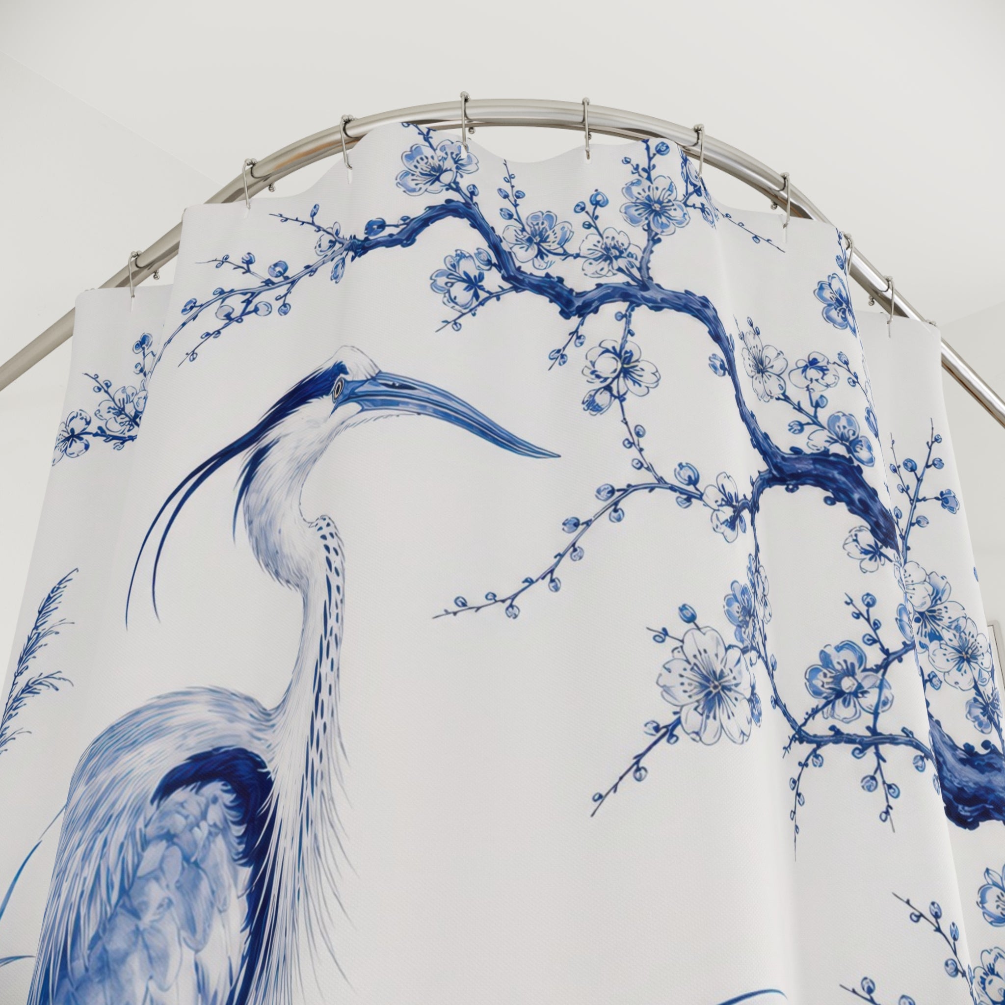 Cobalt Heron Elegant Shower Curtain