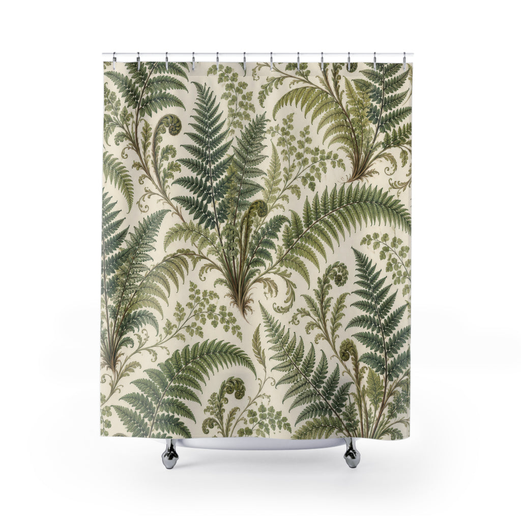 Green fern fronds and curled fiddleheads on ivory shower curtain with full front view