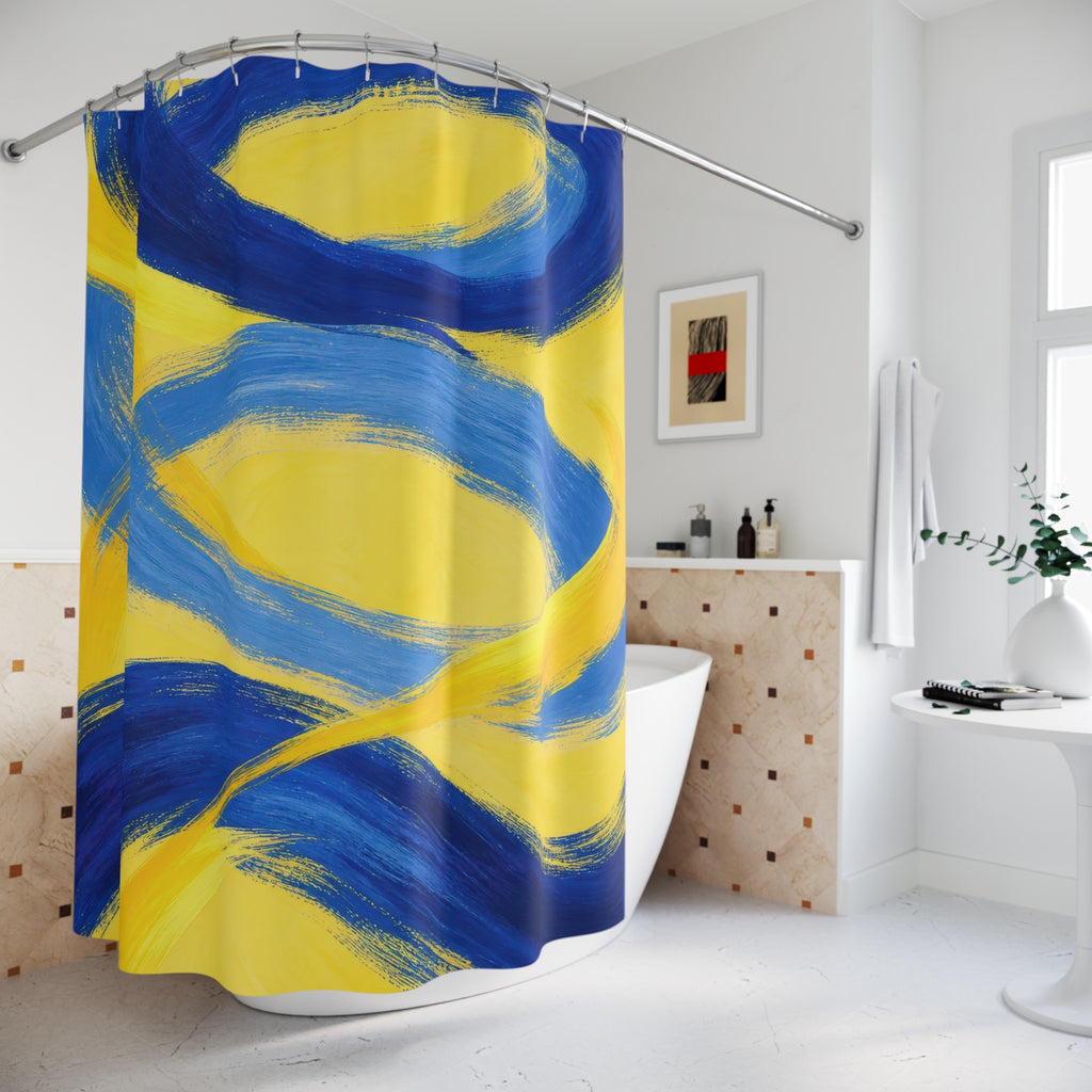 Blue brushstroke loops crossing a sunny yellow ground shower curtain beside a freestanding tub