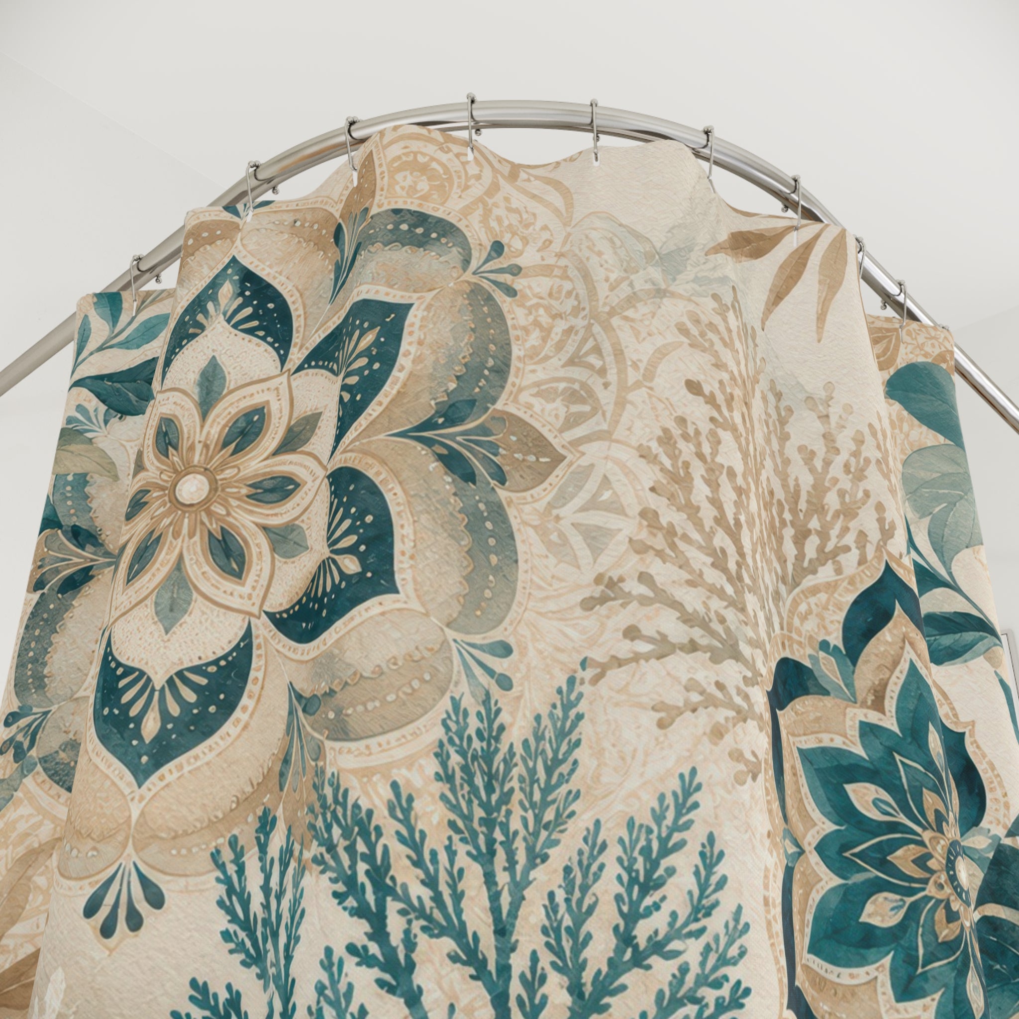 Beige and Teal Shower Curtain: Floral Botanical Pattern
