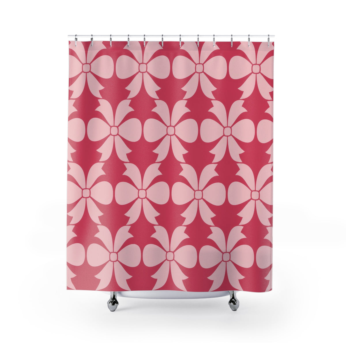 Pale pink bow ornaments on strawberry pink shower curtain with full front view