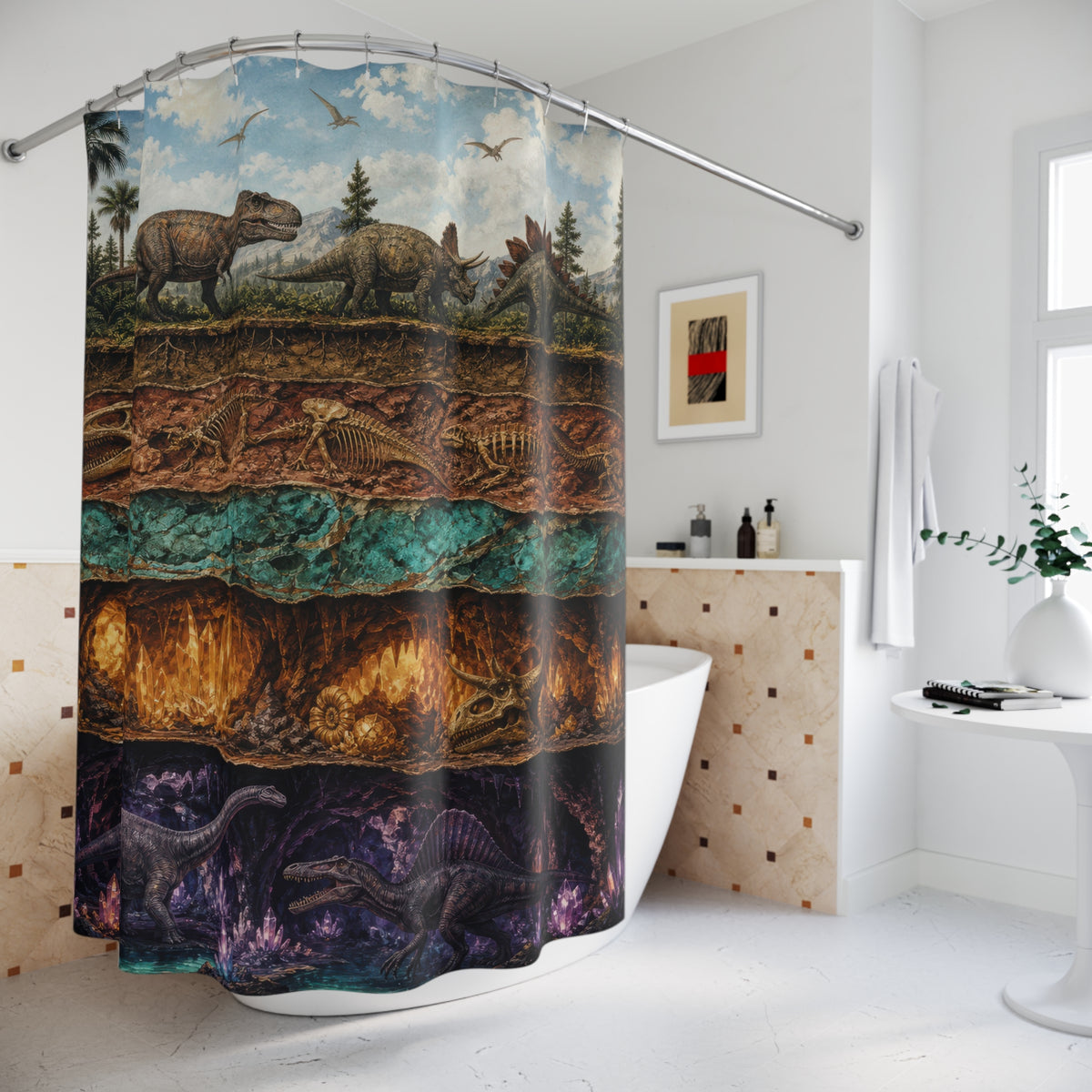 Prehistoric dinosaurs across geological earth layers shower curtain styled beside a freestanding tub