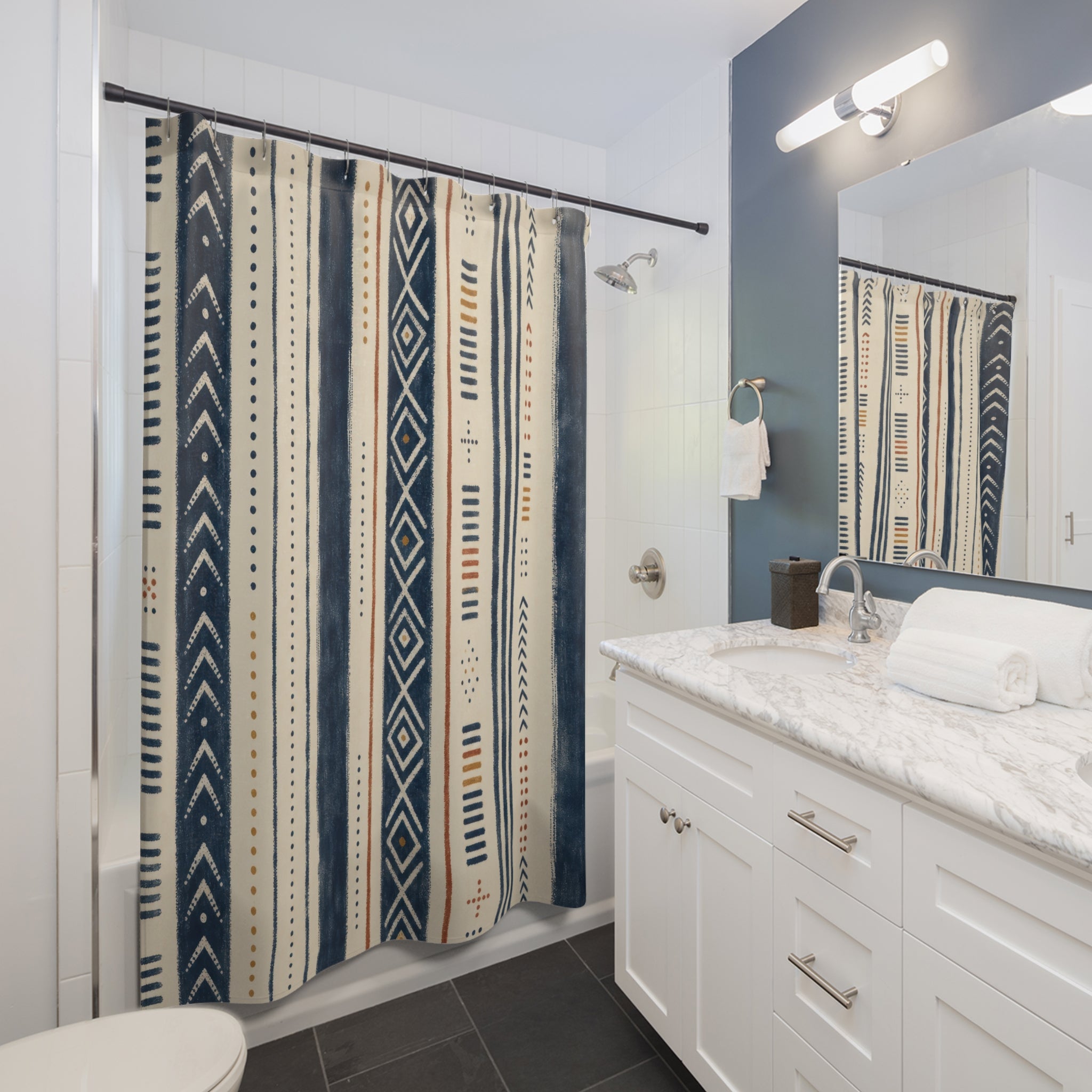 Terracotta Navy Diamond Stripe Shower Curtain